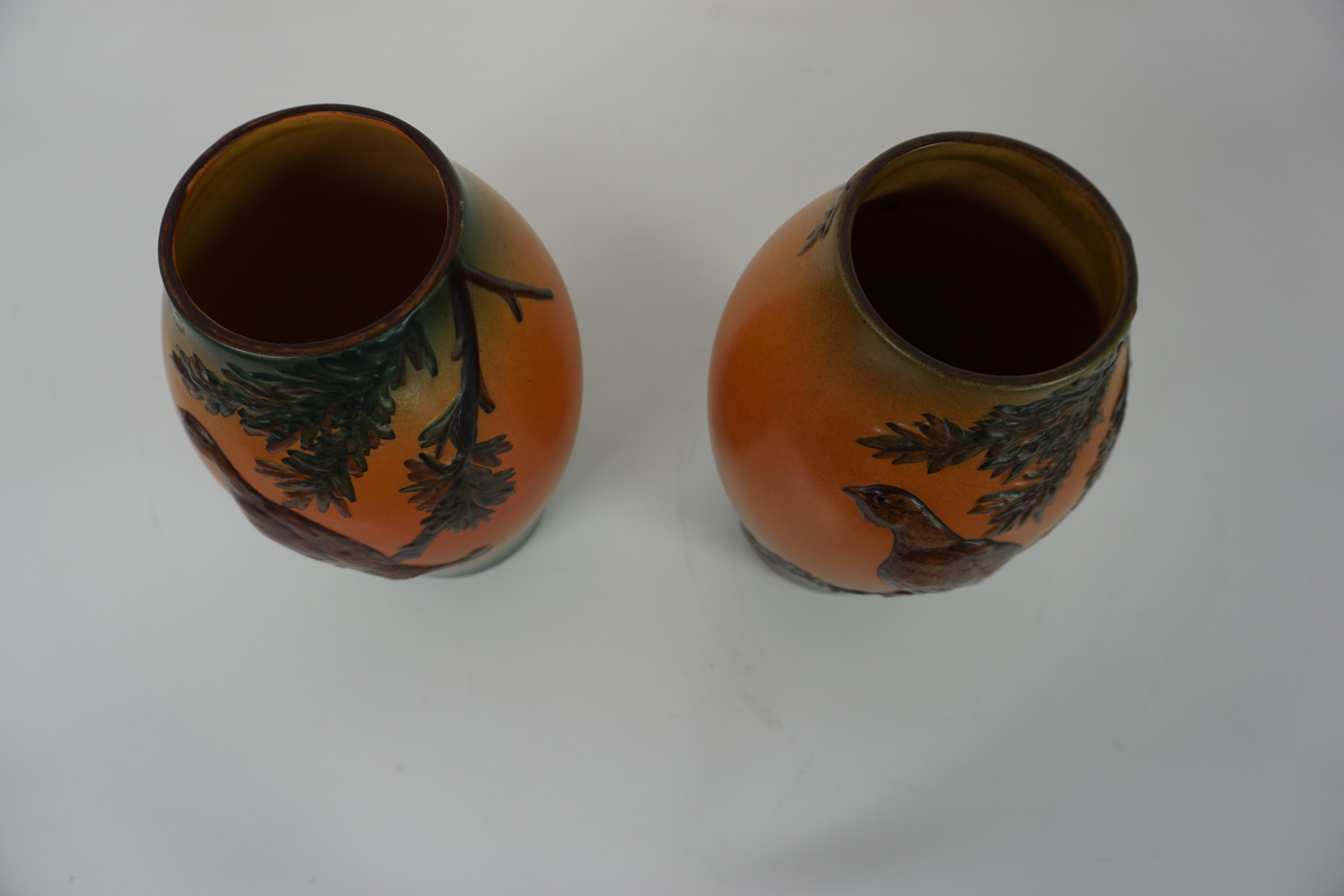 Ceramic Handcrafted Danish Art Nouveau Black Grouse Decorated Vases by P. Ipsens Enke For Sale