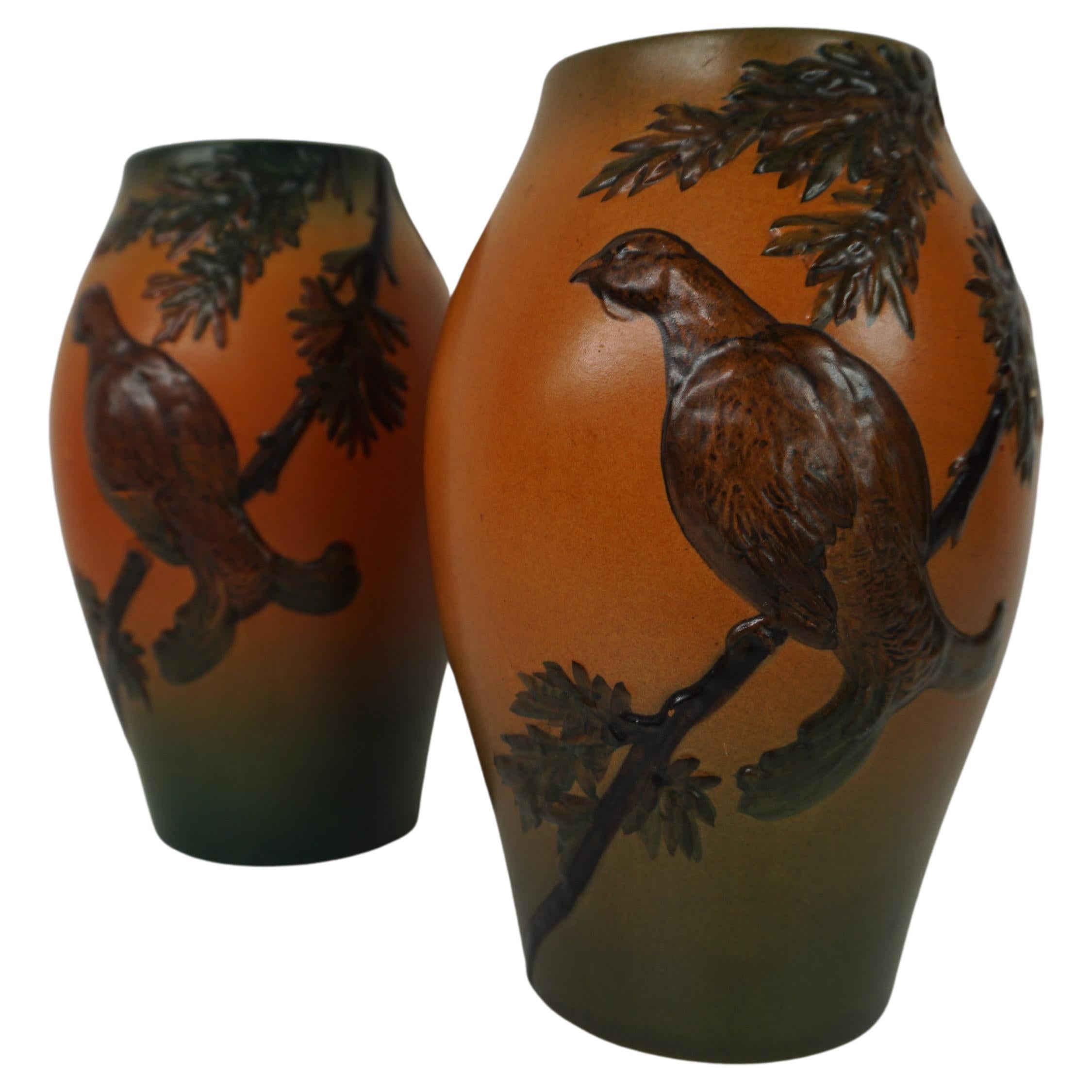 Handcrafted Danish Art Nouveau Black Grouse Decorated Vases by P. Ipsens Enke For Sale