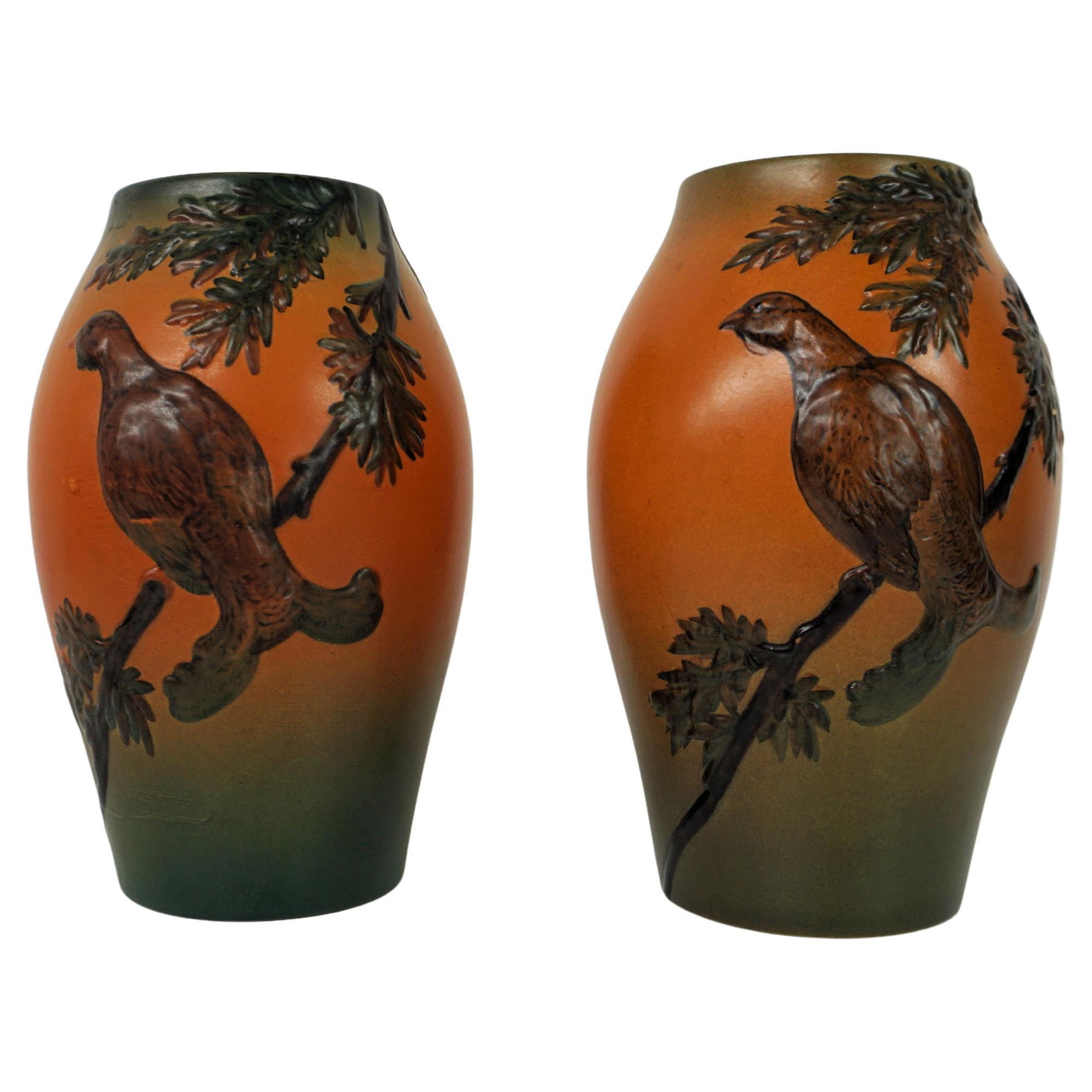 Handcrafted Danish Art Nouveau Black Grouse Decorated Vases by P. Ipsens Enke