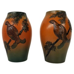 Handcrafted Danish Art Nouveau Black Grouse Decorated Vases by P. Ipsens Enke