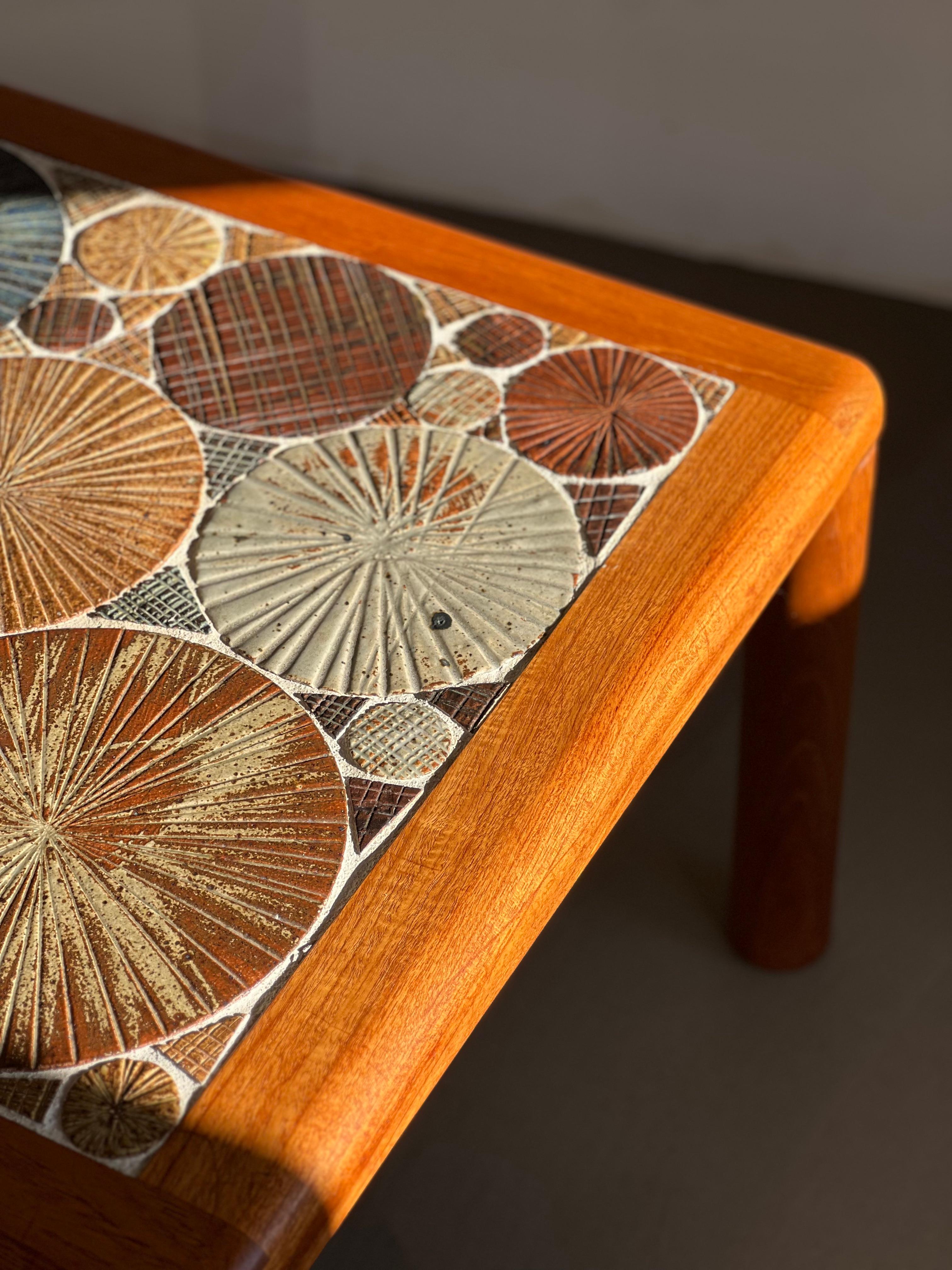 Well crafted handmade coffee table, designed by Tue Poulsen for Haslev Møbelsnedkeri, circa 1960s. Constructed of solid teak wood frame and inlaid with hand-painted glazed ceramic tiles. 


Legs can easily be screwed off for easy transporting and