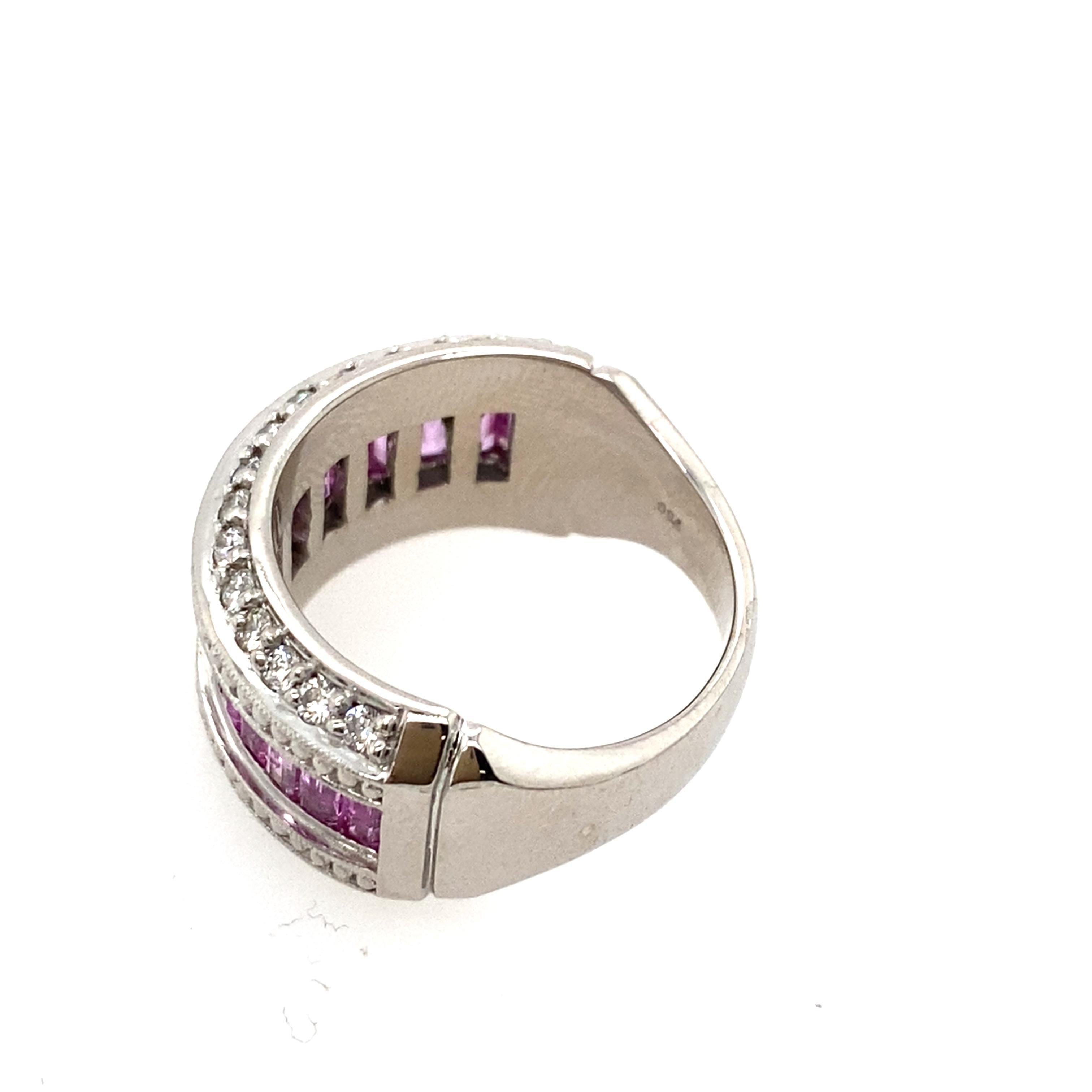 Taglio baguette Anello artigianale di design con 10 baguette Zaffiro rosa 2,56ct e 0,65ct in vendita
