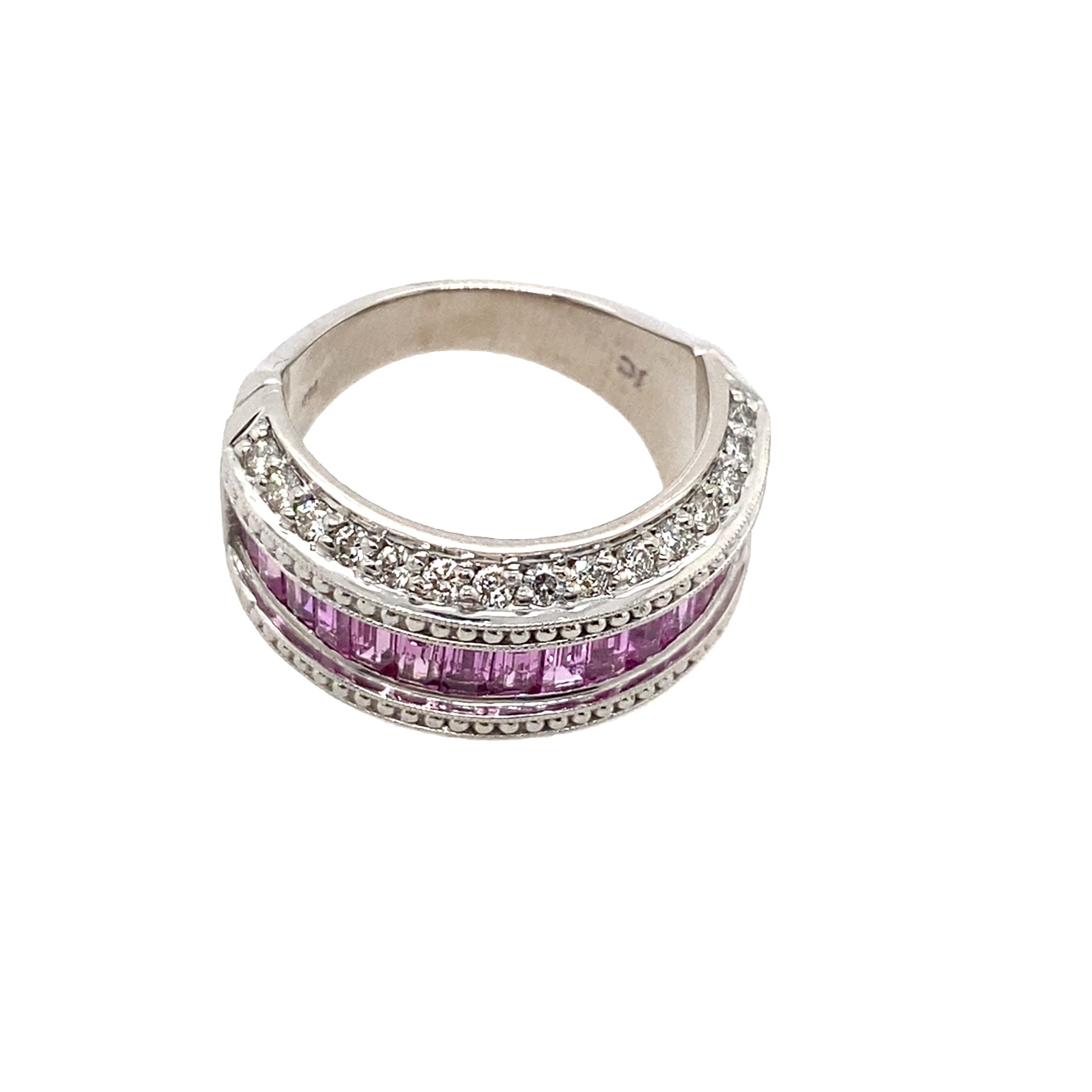 Anello artigianale di design con 10 baguette Zaffiro rosa 2,56ct e 0,65ct In condizioni buone in vendita a London, GB