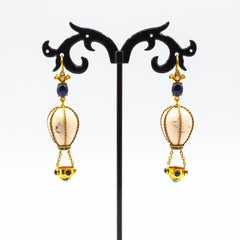 Handcrafted Diamond Blue Sapphire Turquoise Yellow Gold Hot-Air Balloon Earrings
