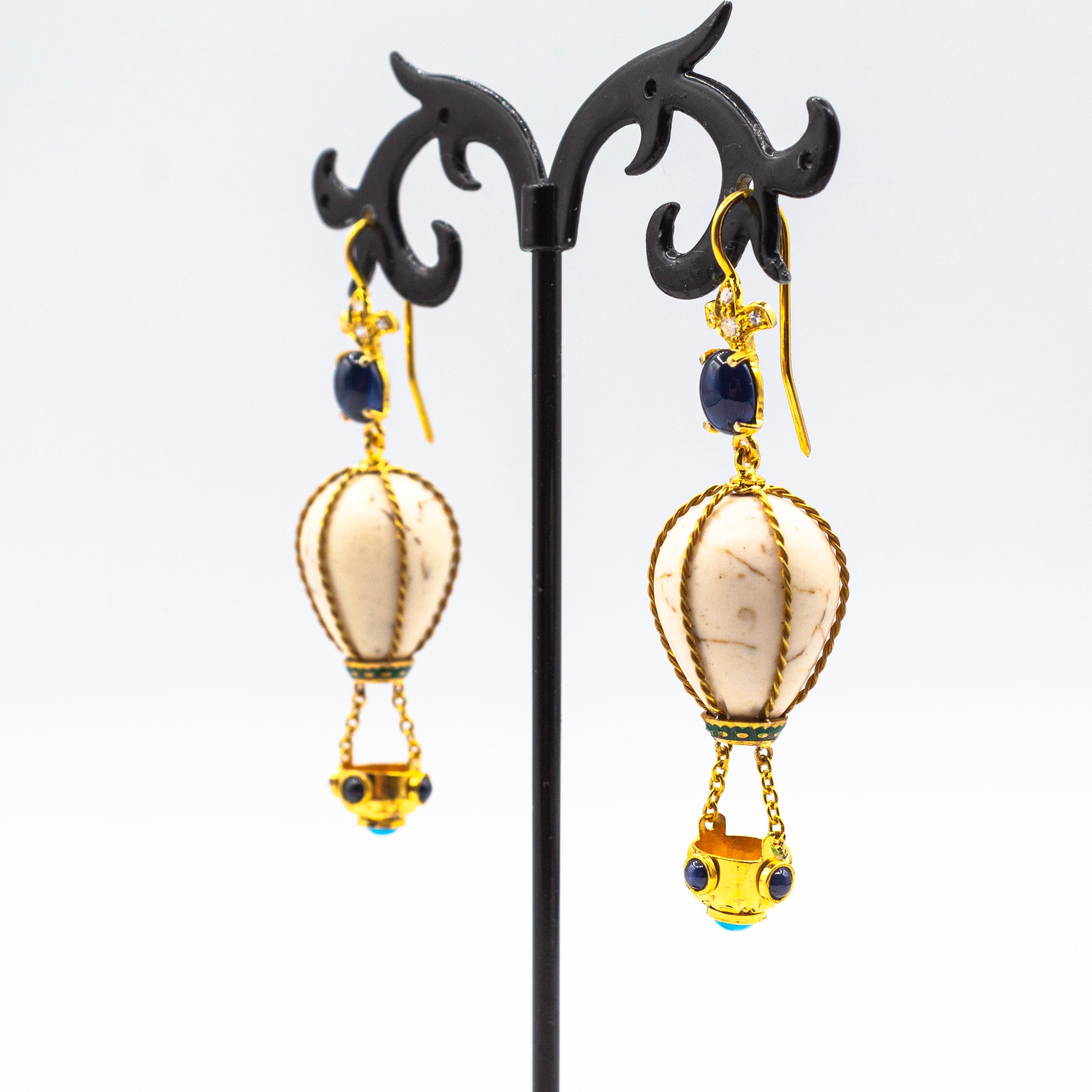 Art Deco Handcrafted Diamond Blue Sapphire Turquoise Yellow Gold Hot-Air Balloon Earrings For Sale