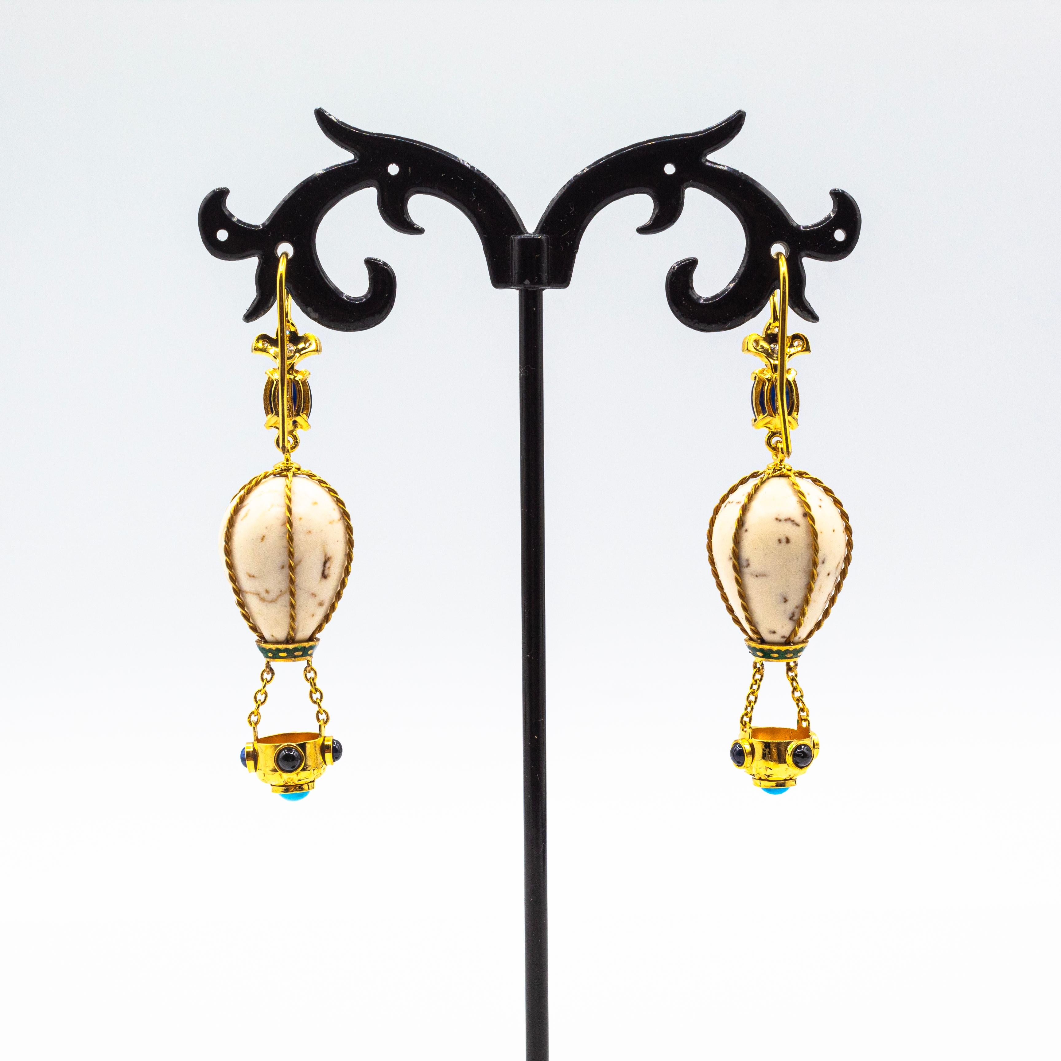 Cabochon Handcrafted Diamond Blue Sapphire Turquoise Yellow Gold Hot-Air Balloon Earrings For Sale