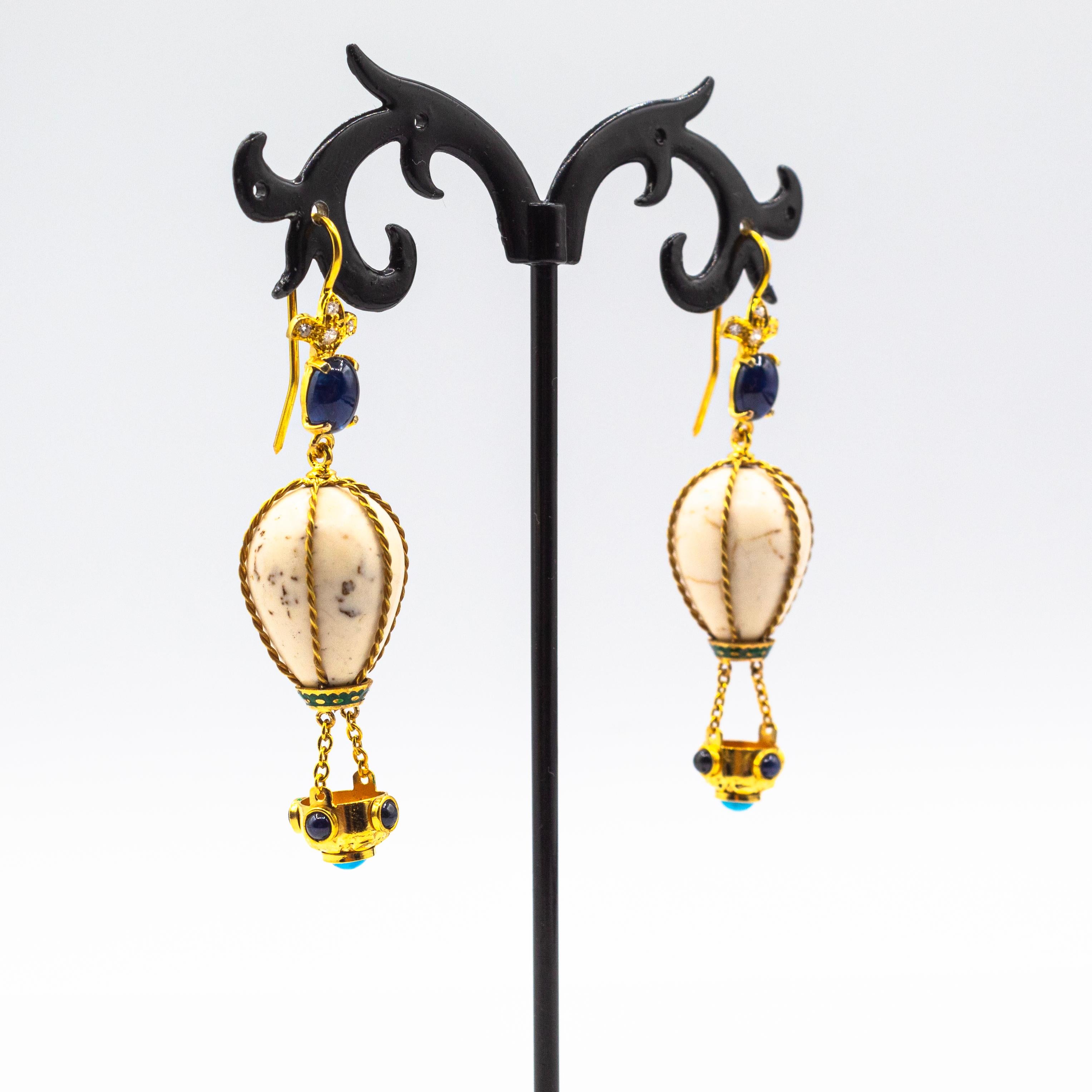 Handcrafted Diamond Blue Sapphire Turquoise Yellow Gold Hot-Air Balloon Earrings In New Condition For Sale In Naples, IT