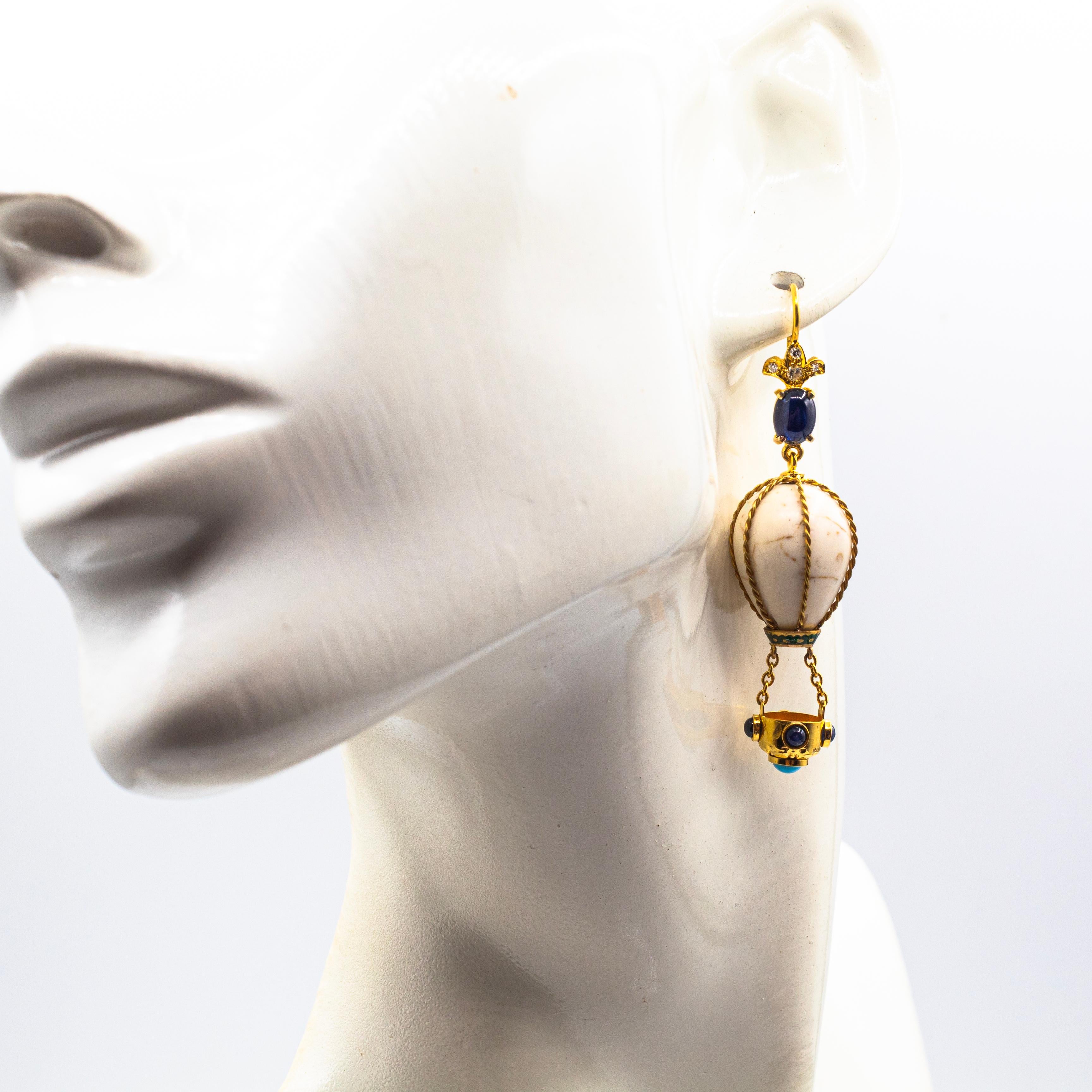 Women's or Men's Handcrafted Diamond Blue Sapphire Turquoise Yellow Gold Hot-Air Balloon Earrings For Sale