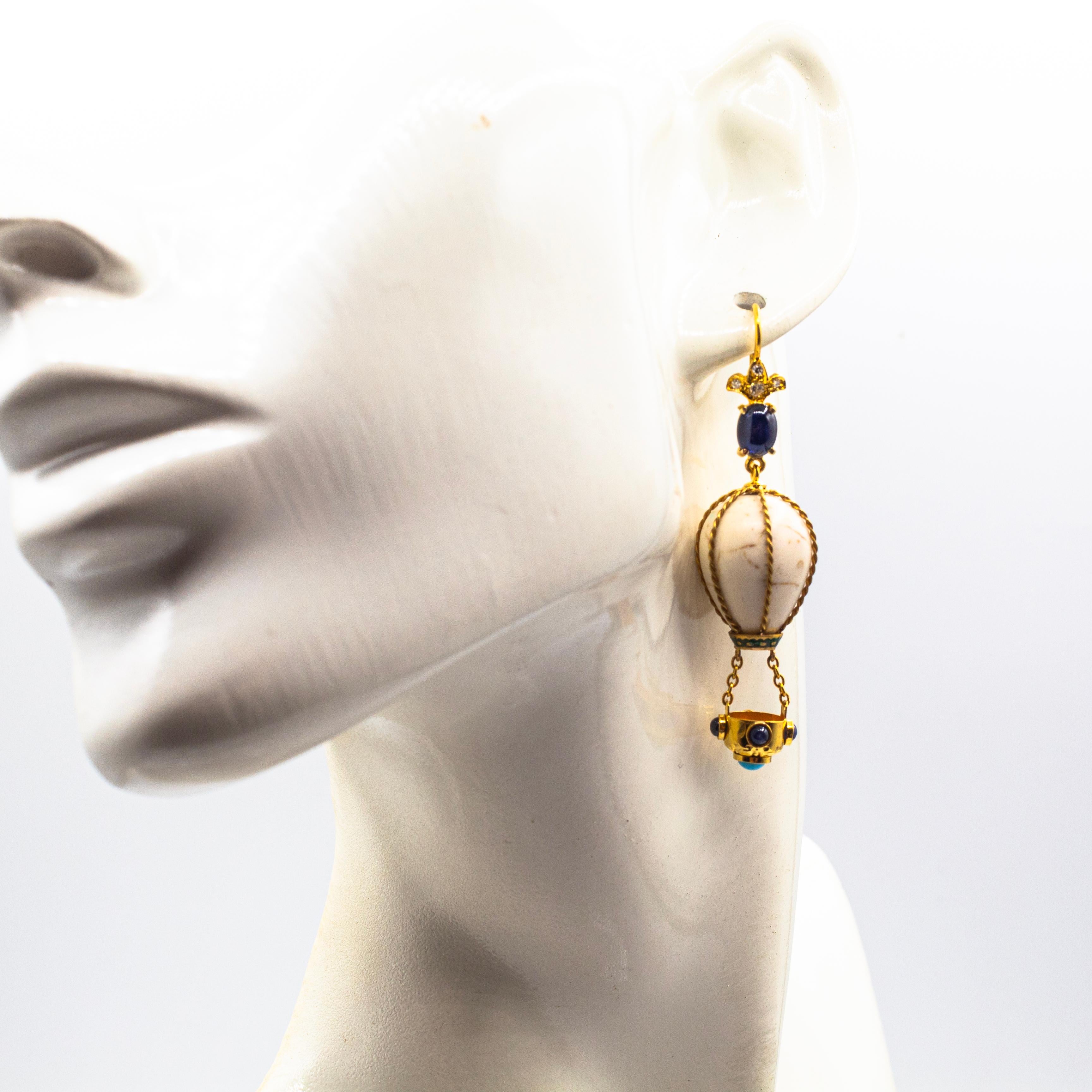 Handcrafted Diamond Blue Sapphire Turquoise Yellow Gold Hot-Air Balloon Earrings For Sale 1