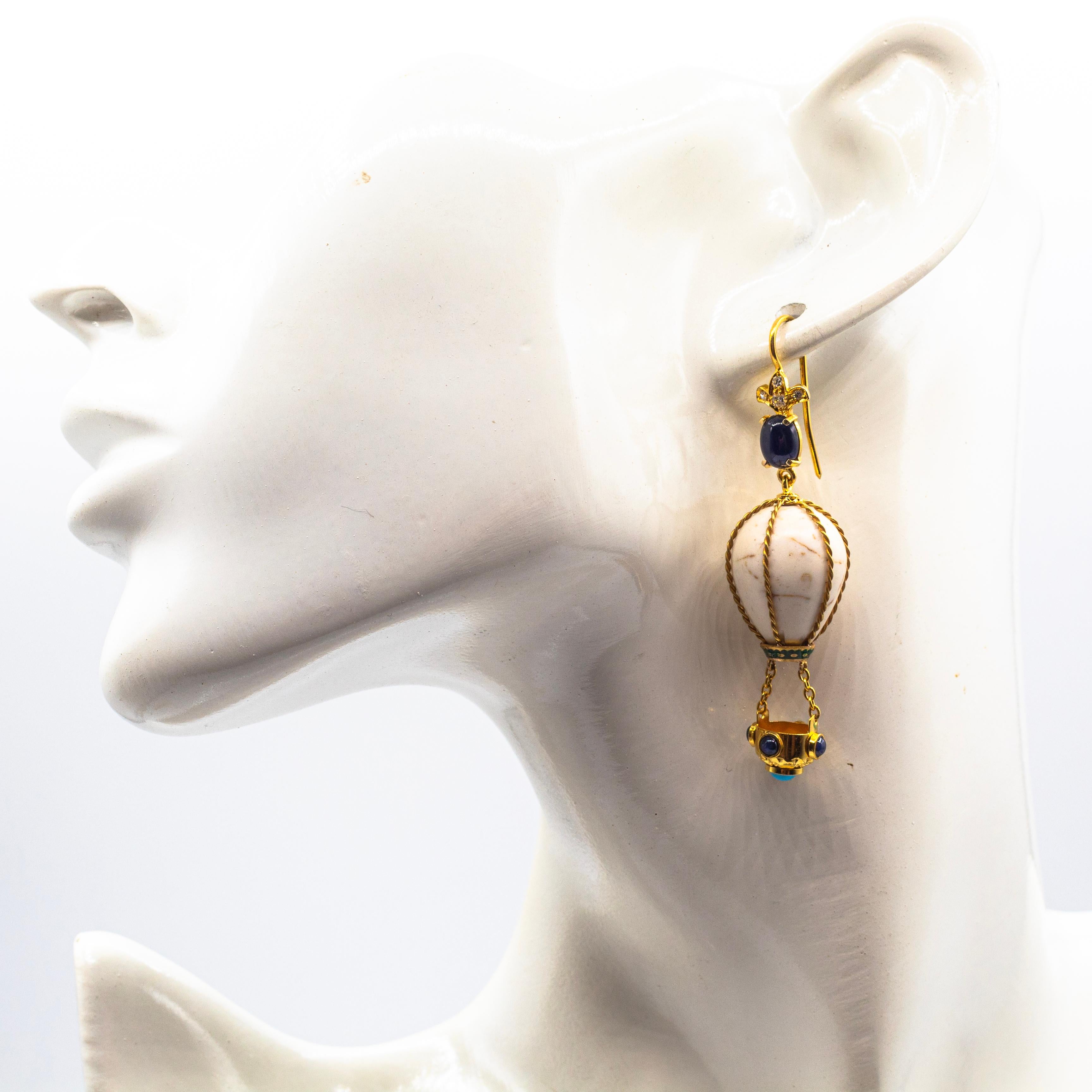 Handcrafted Diamond Blue Sapphire Turquoise Yellow Gold Hot-Air Balloon Earrings For Sale 2