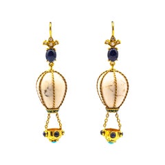 Boucles d'oreilles ballon en or jaune, diamants, saphirs bleus, turquoises et turquoises, fabriquées à la main