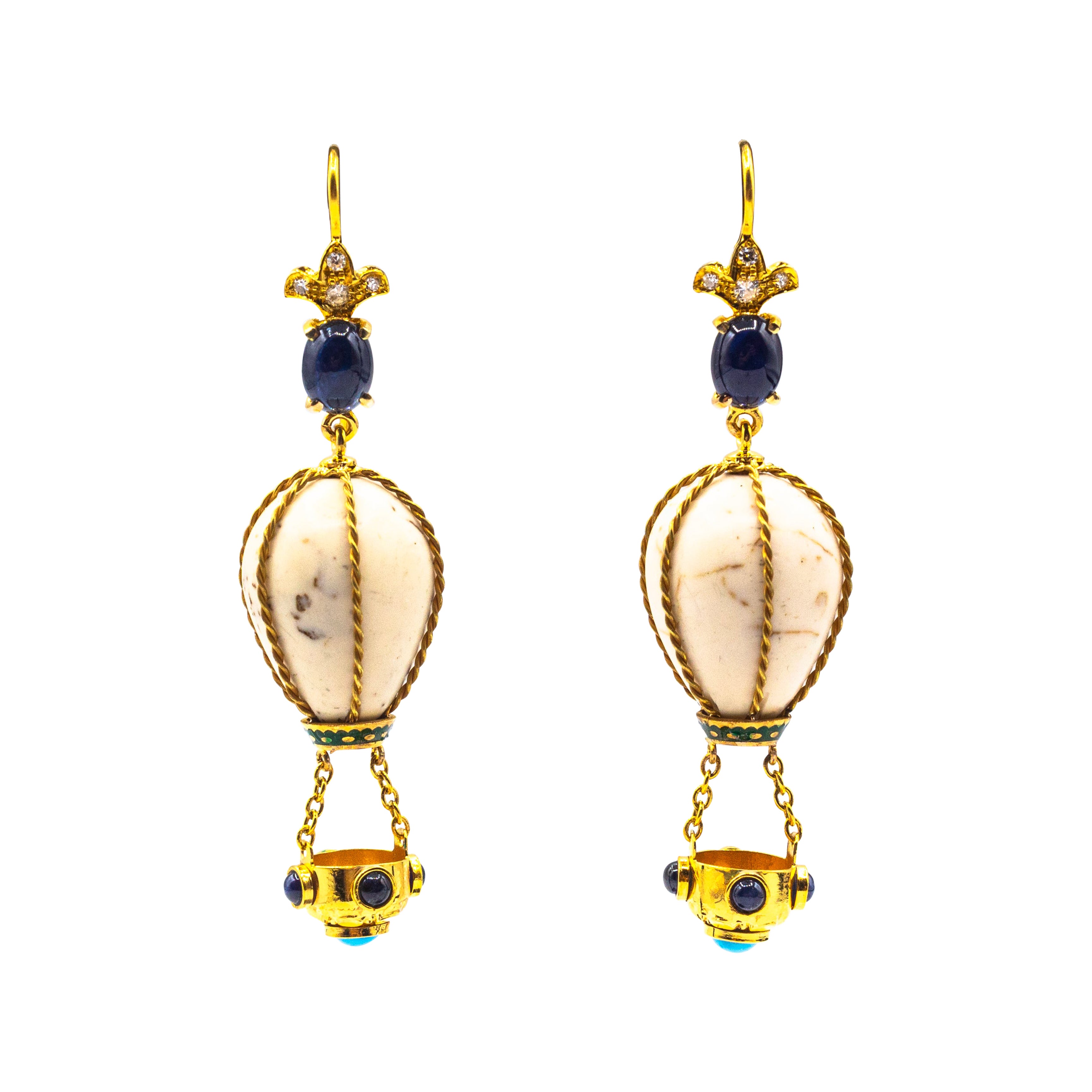 Handcrafted Diamond Blue Sapphire Turquoise Yellow Gold Hot-Air Balloon Earrings For Sale