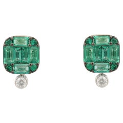 Handcrafted Diamond Emerald Cluster Stud Earrings in 18K Solid White Gold