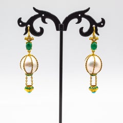 Handcrafted Diamond Pearl Turquoise Emerald Yellow Gold Hot-Air Balloon Earrings