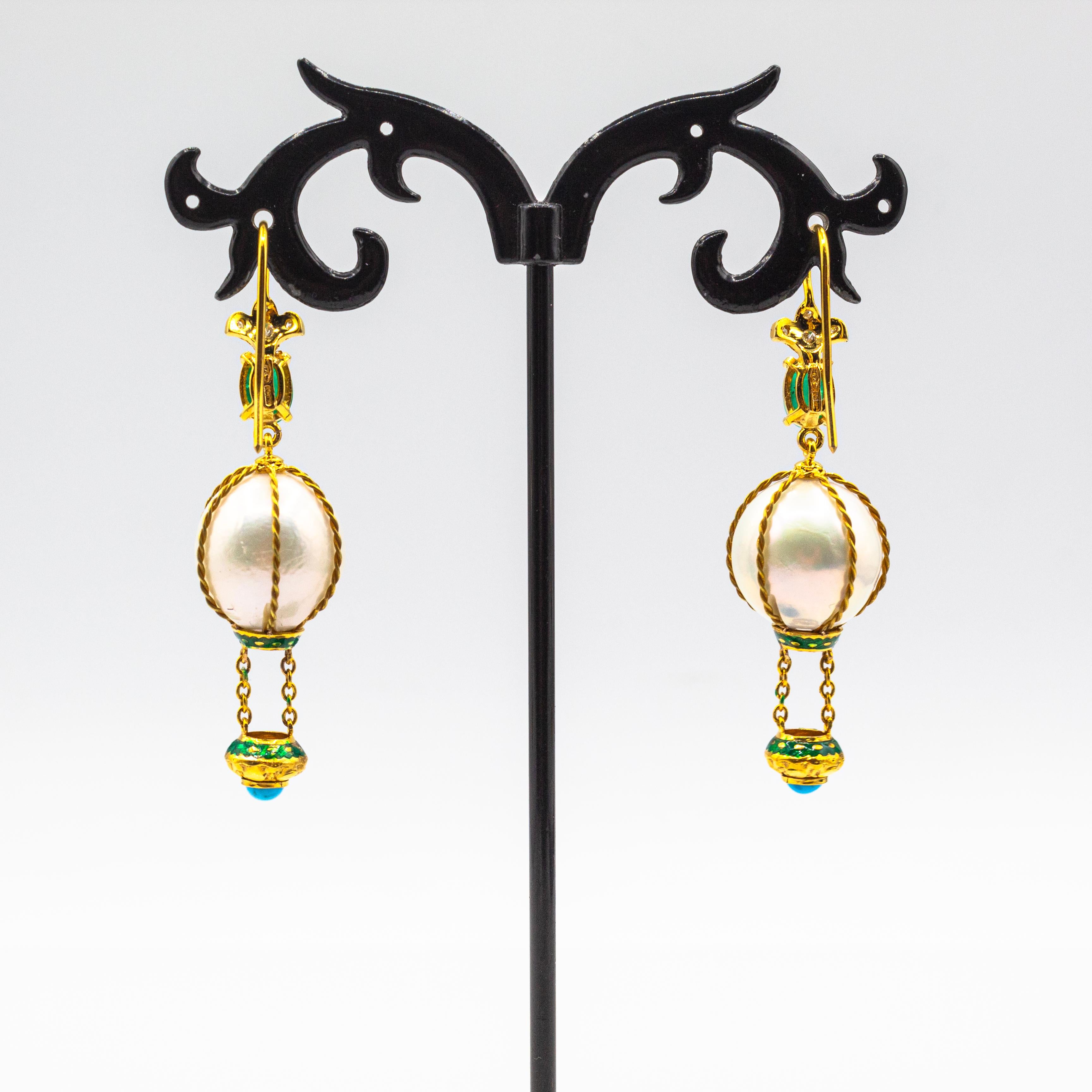 Cabochon Handcrafted Diamond Pearl Turquoise Emerald Yellow Gold Hot-Air Balloon Earrings For Sale