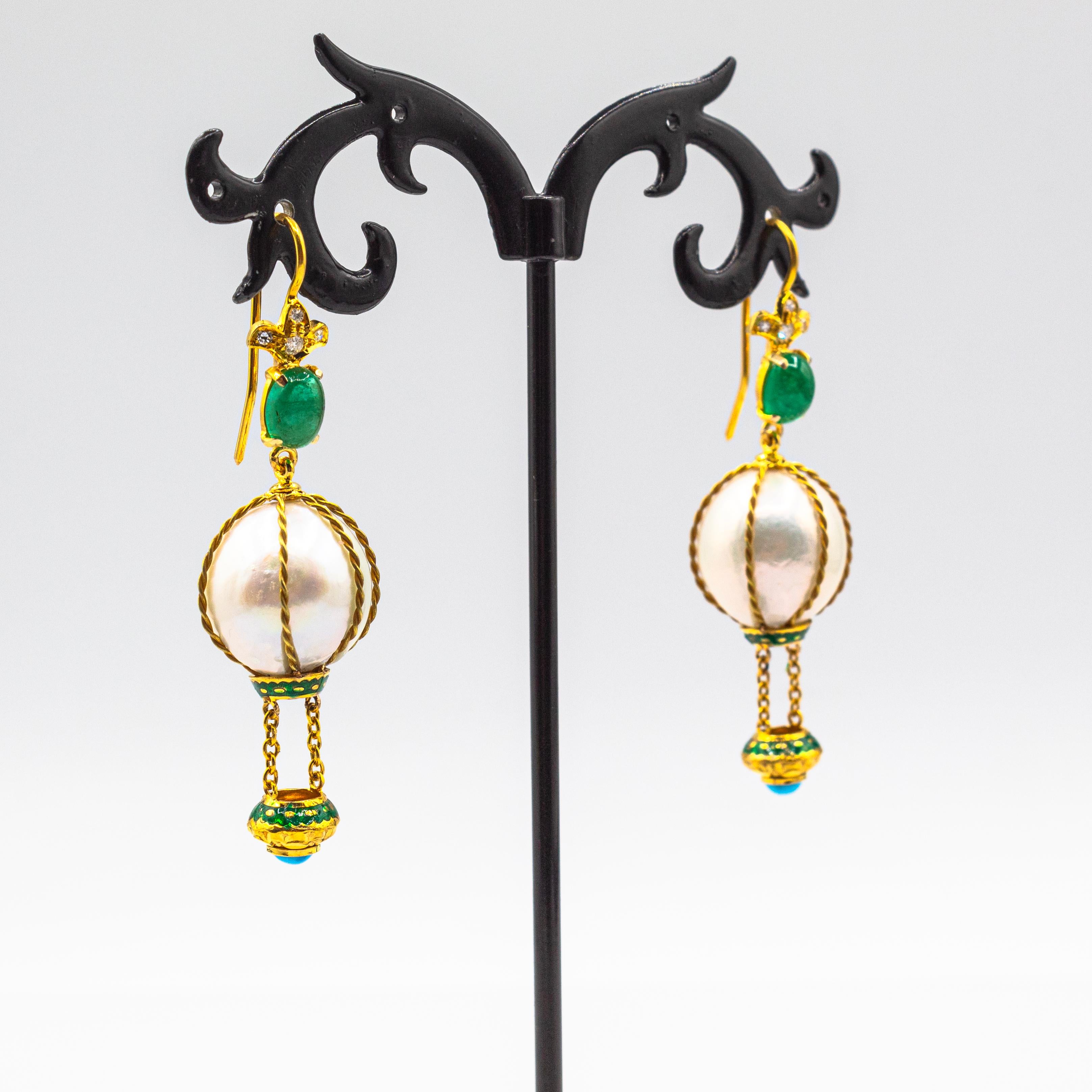 Handcrafted Diamond Pearl Turquoise Emerald Yellow Gold Hot-Air Balloon Earrings In New Condition For Sale In Naples, IT