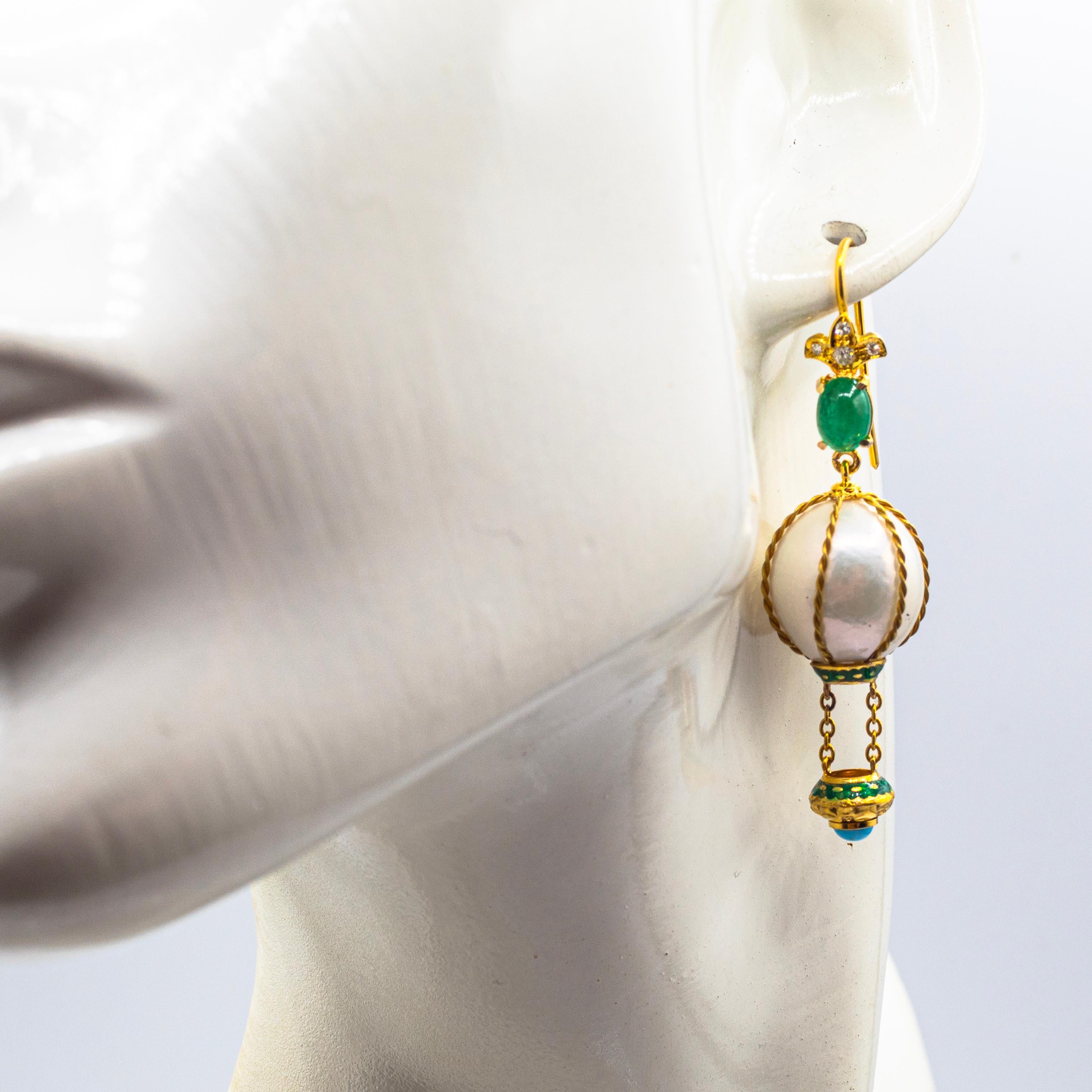 Women's or Men's Handcrafted Diamond Pearl Turquoise Emerald Yellow Gold Hot-Air Balloon Earrings For Sale