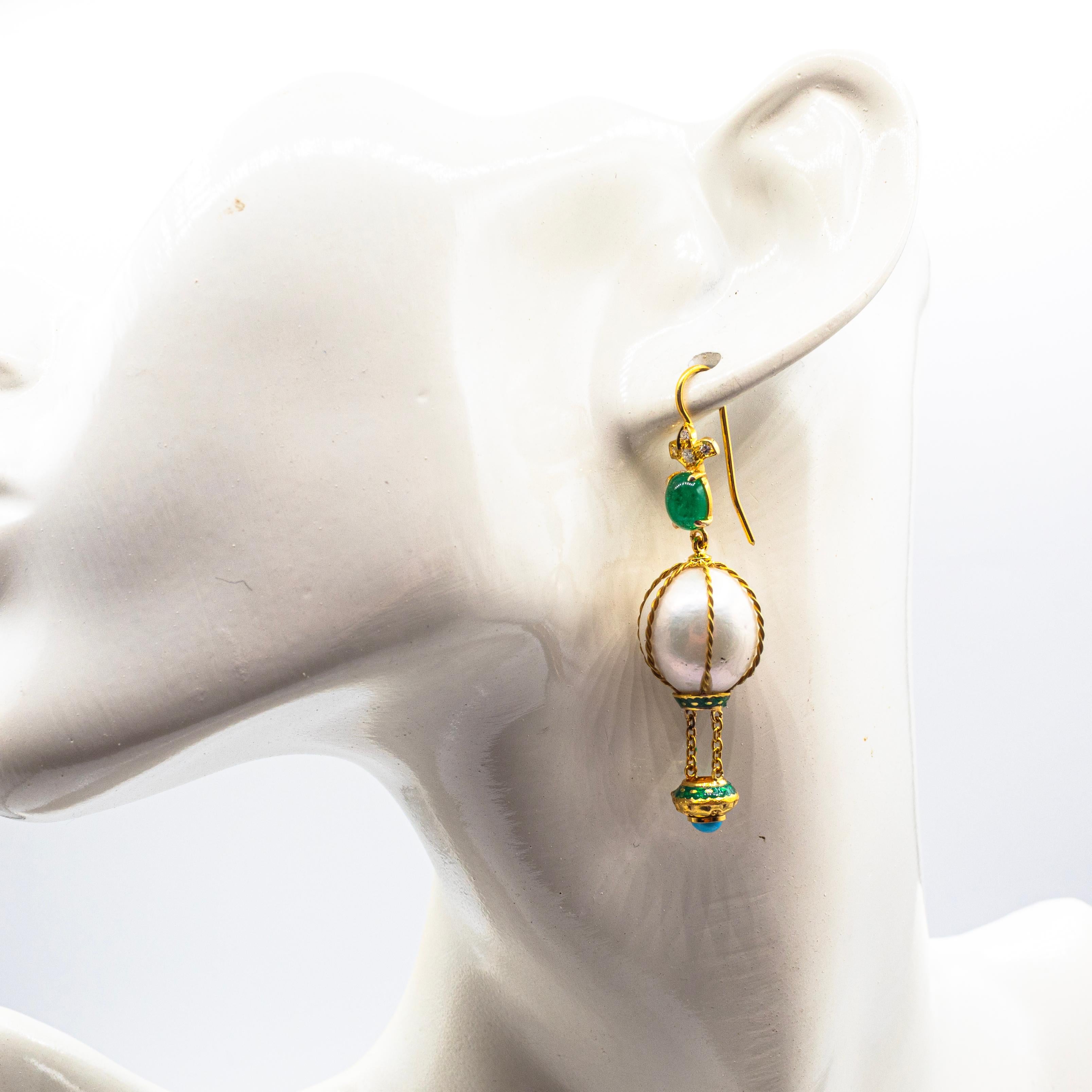 Handcrafted Diamond Pearl Turquoise Emerald Yellow Gold Hot-Air Balloon Earrings For Sale 1