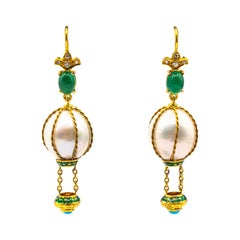 Handcrafted Diamond Pearl Turquoise Emerald Yellow Gold Hot-Air Balloon Earrings