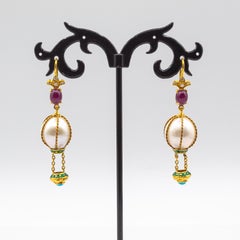 Handcrafted Diamond Pearl Turquoise Ruby Yellow Gold "Hot-Air Balloon" Earrings