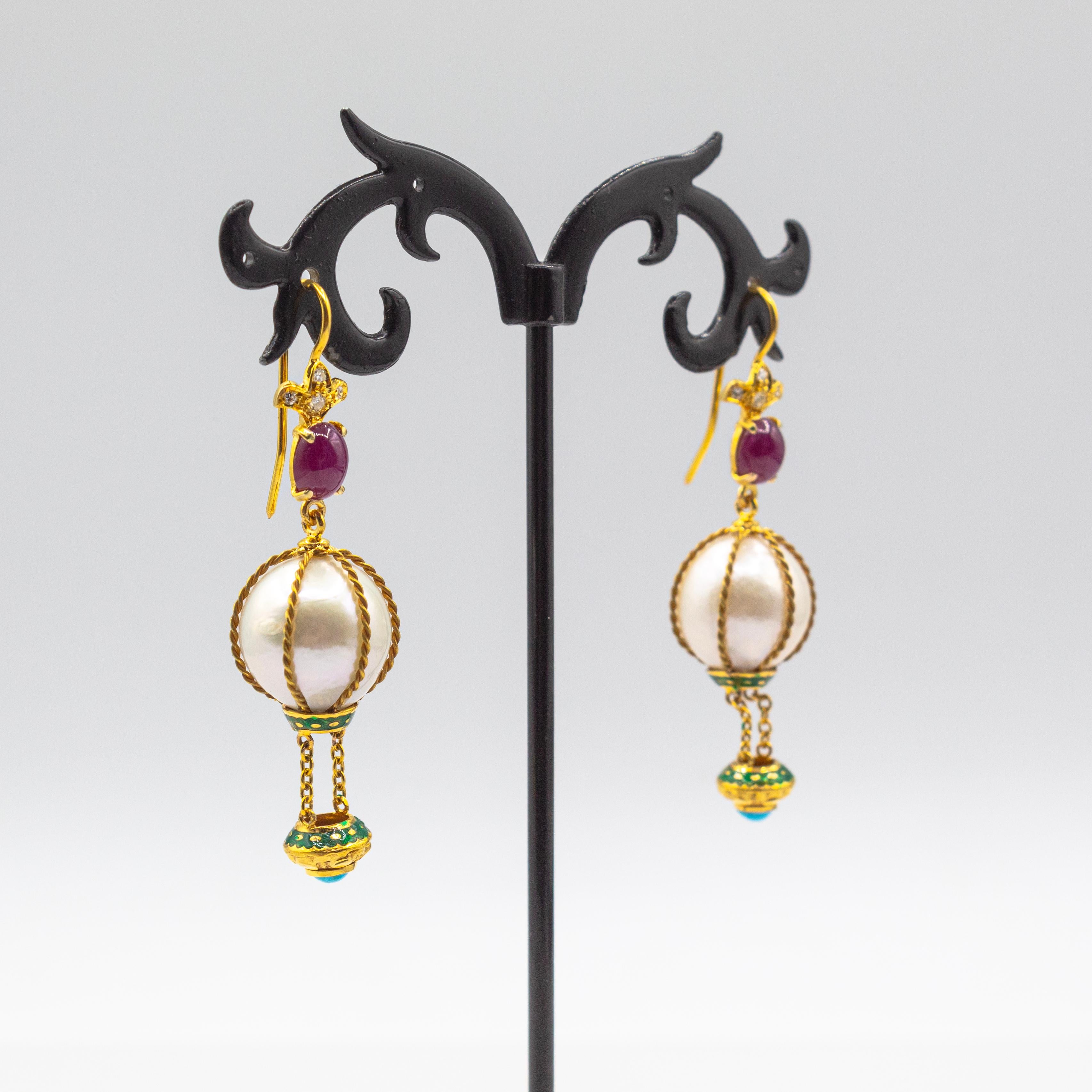 Art Deco Handcrafted Diamond Pearl Turquoise Ruby Yellow Gold 