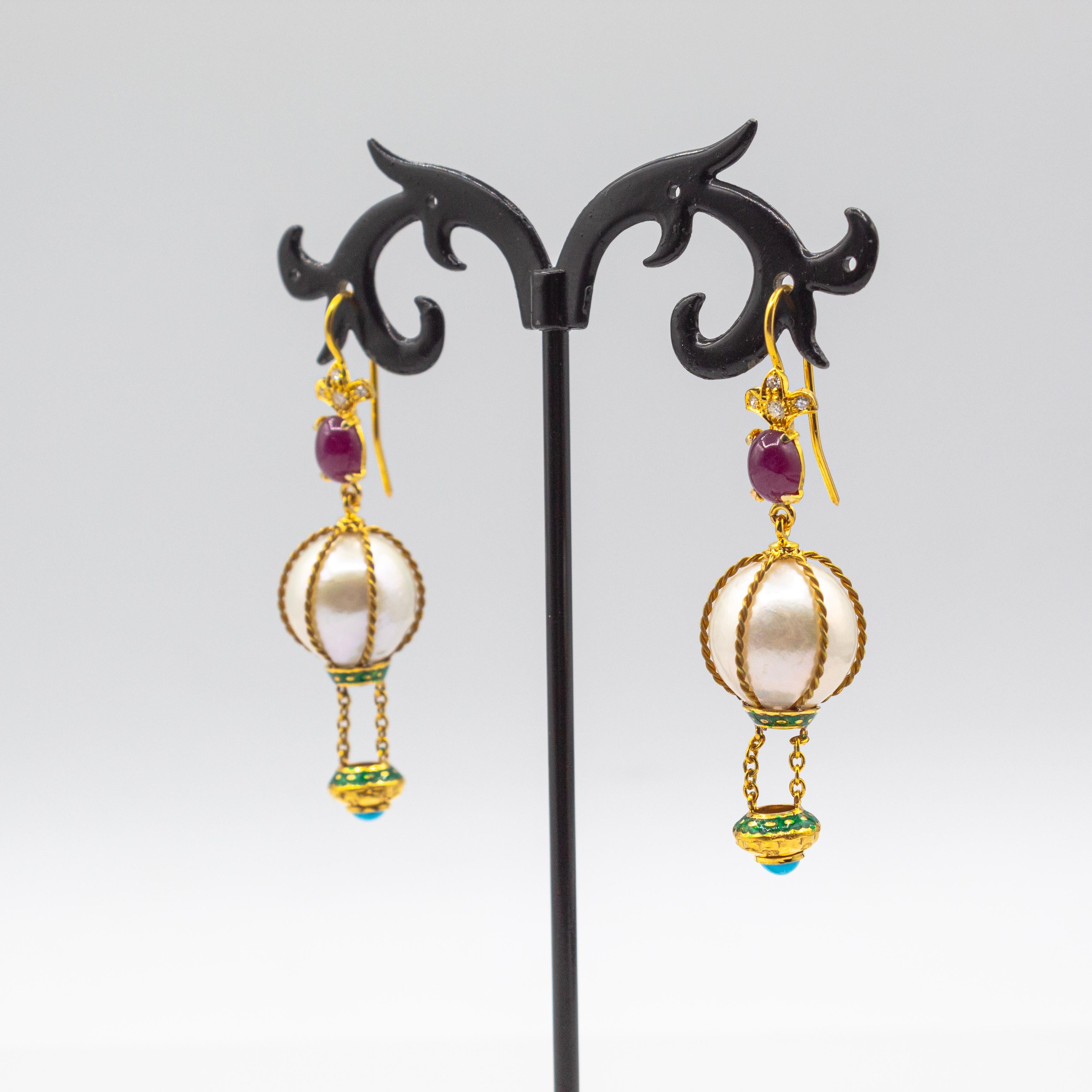 Handcrafted Diamond Pearl Turquoise Ruby Yellow Gold 