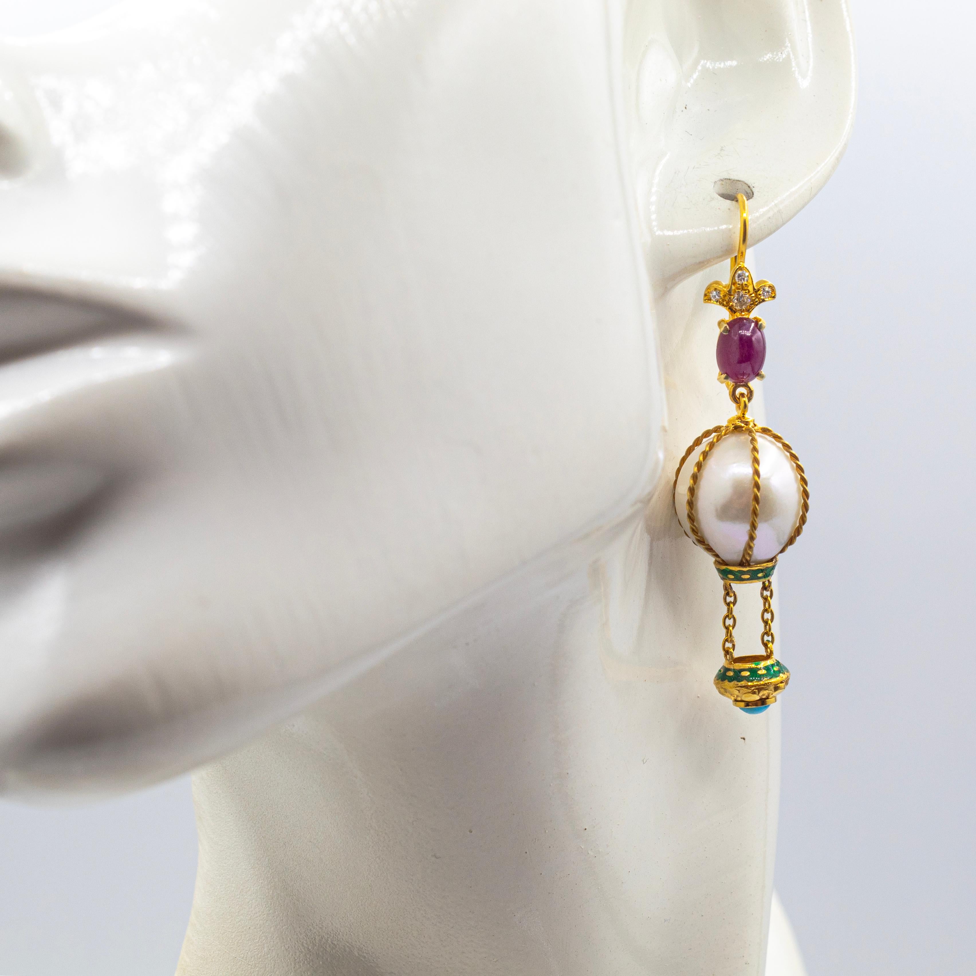 Handcrafted Diamond Pearl Turquoise Ruby Yellow Gold 