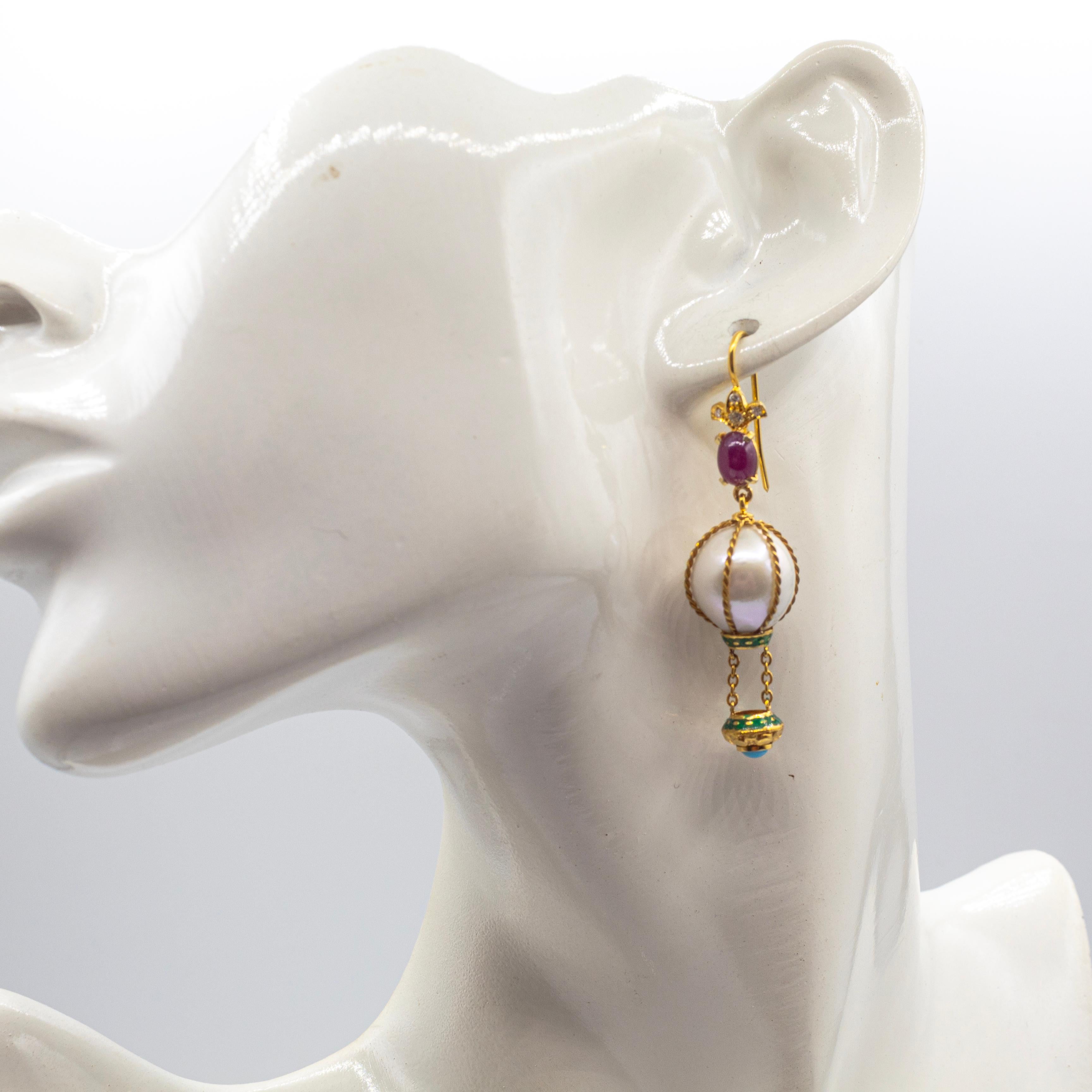 Handcrafted Diamond Pearl Turquoise Ruby Yellow Gold 