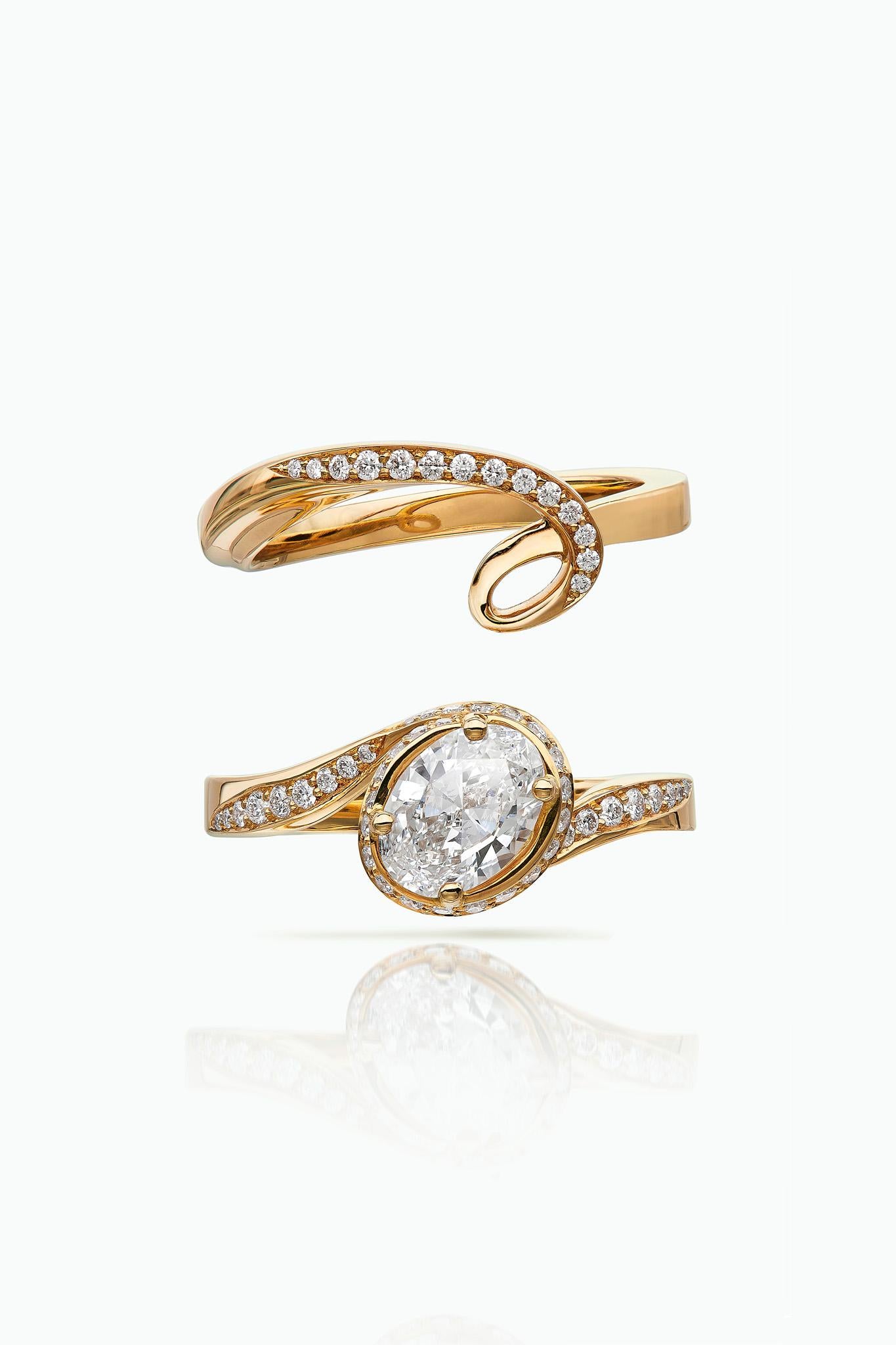 For Sale:  Handcrafted, Diamond Solitaire Engagement Ring and Wedding Band, 18K Gold 2