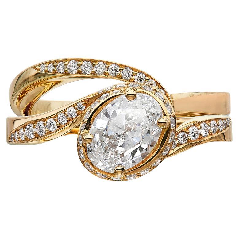 Handgefertigter Diamant- Solitär-Verlobungsring und Ehering, 18 Karat Gold