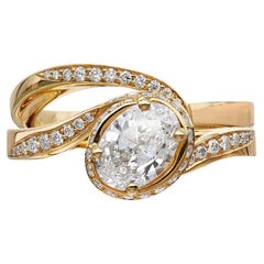 Handcrafted, Diamond Solitaire Engagement Ring and Wedding Band, 18K Gold