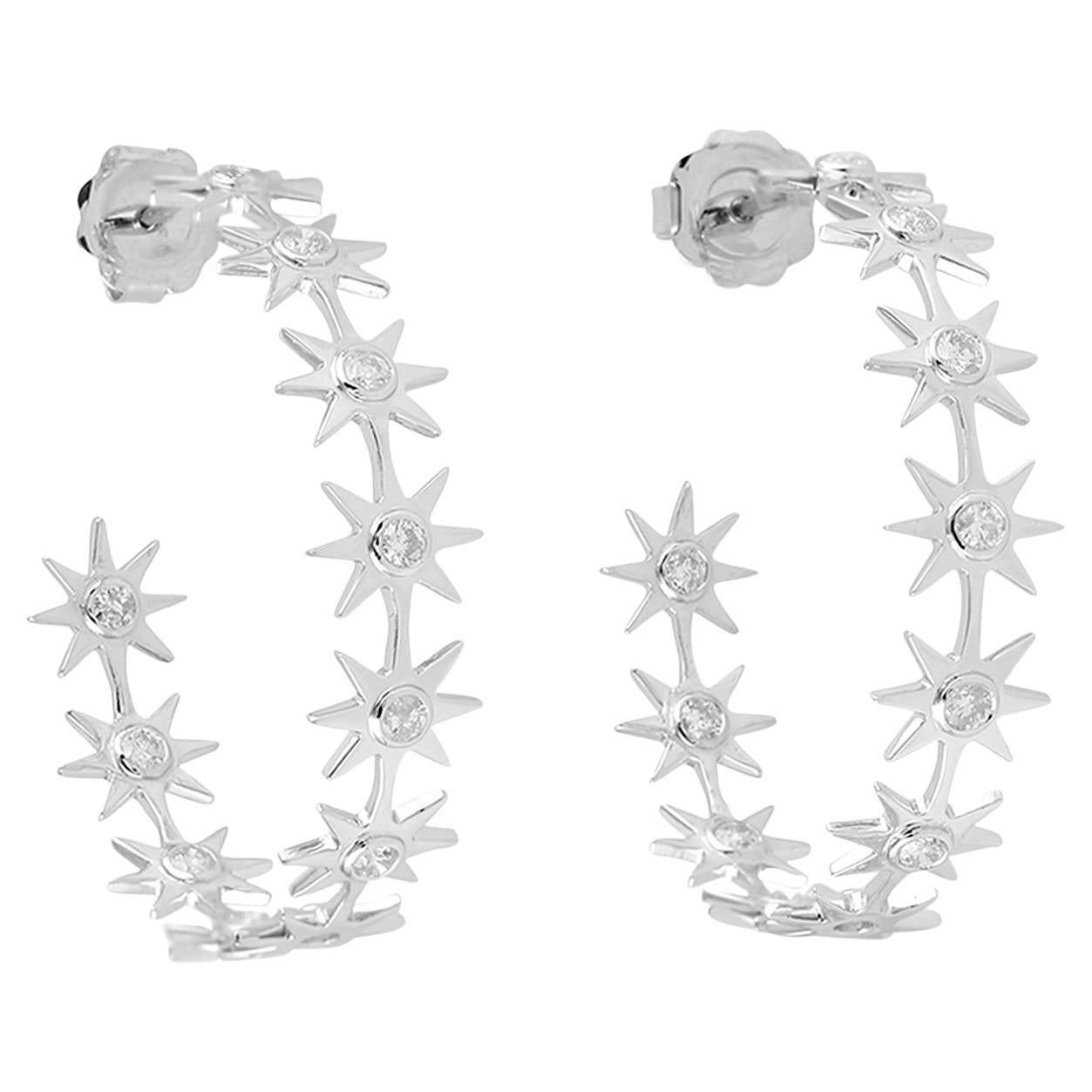 Handcrafted Diamond Star Hoop Earrings in Solid 18KT White Gold For Sale