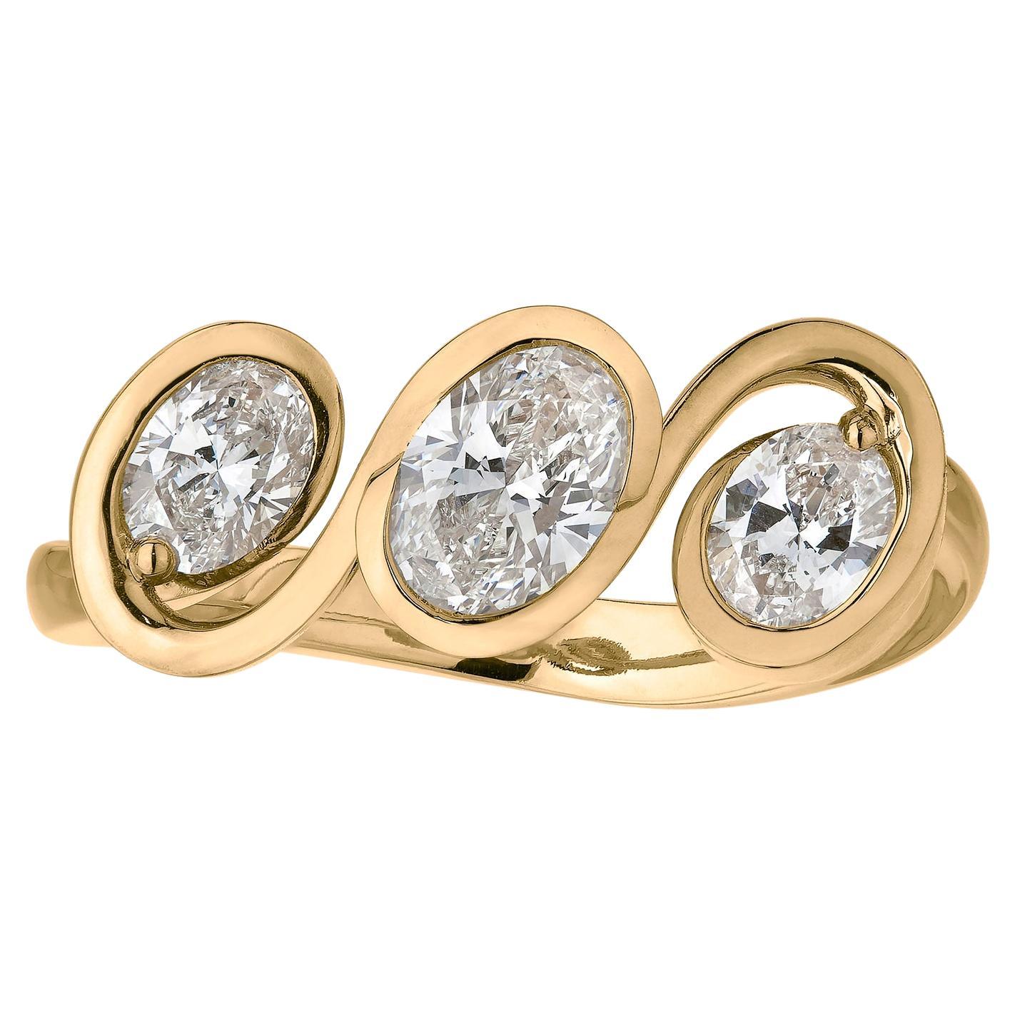Art Nouveau-Inspired Three Stone Diamond Ring – Handcrafted in 18K Yellow Gold