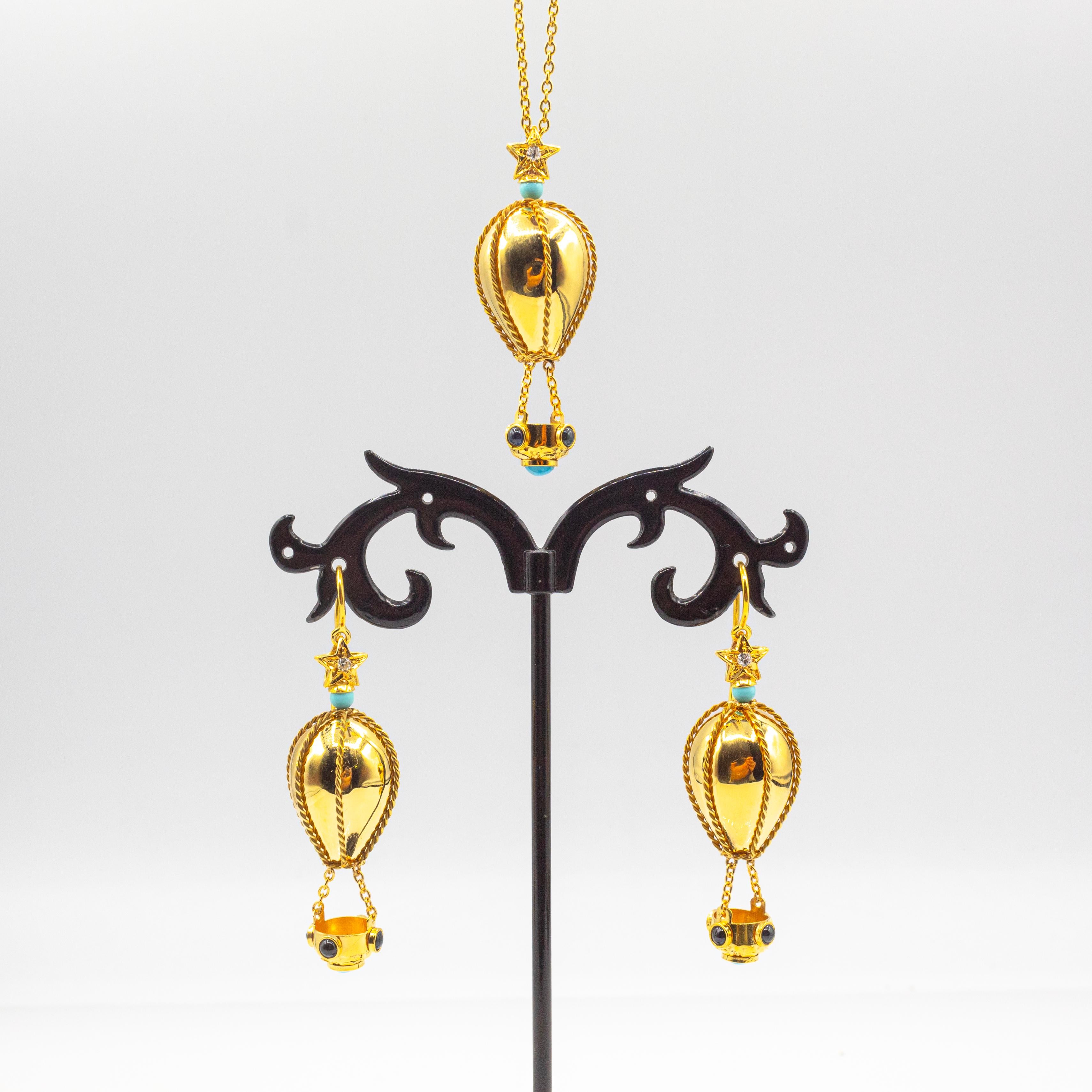Handcrafted Diamond Turquoise Blue Sapphire Yellow Gold Hot-Air Balloon Earrings For Sale 4