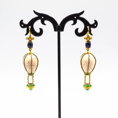 Handcrafted Diamond Turquoise Blue Sapphire Yellow Gold Hot-Air Balloon Earrings