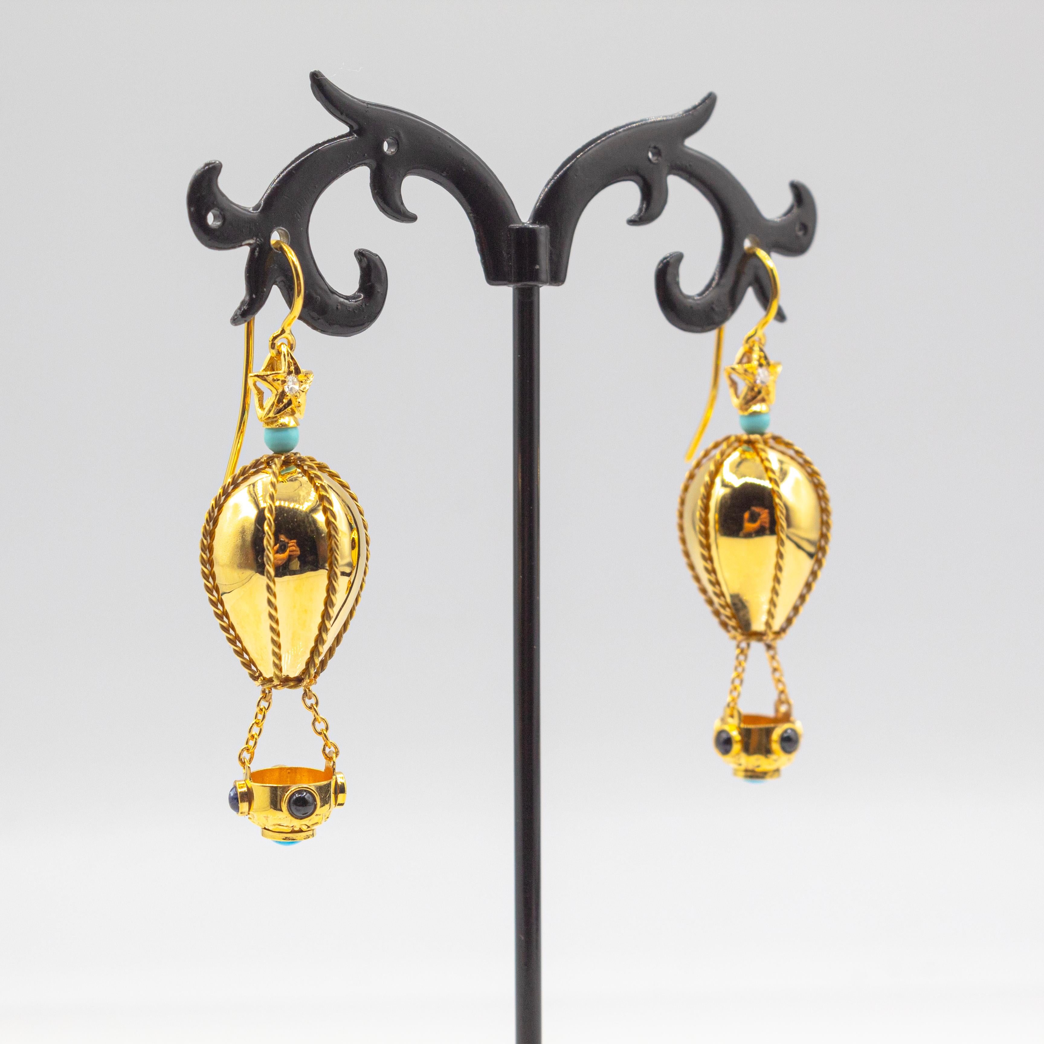 Art Deco Handcrafted Diamond Turquoise Blue Sapphire Yellow Gold Hot-Air Balloon Earrings For Sale
