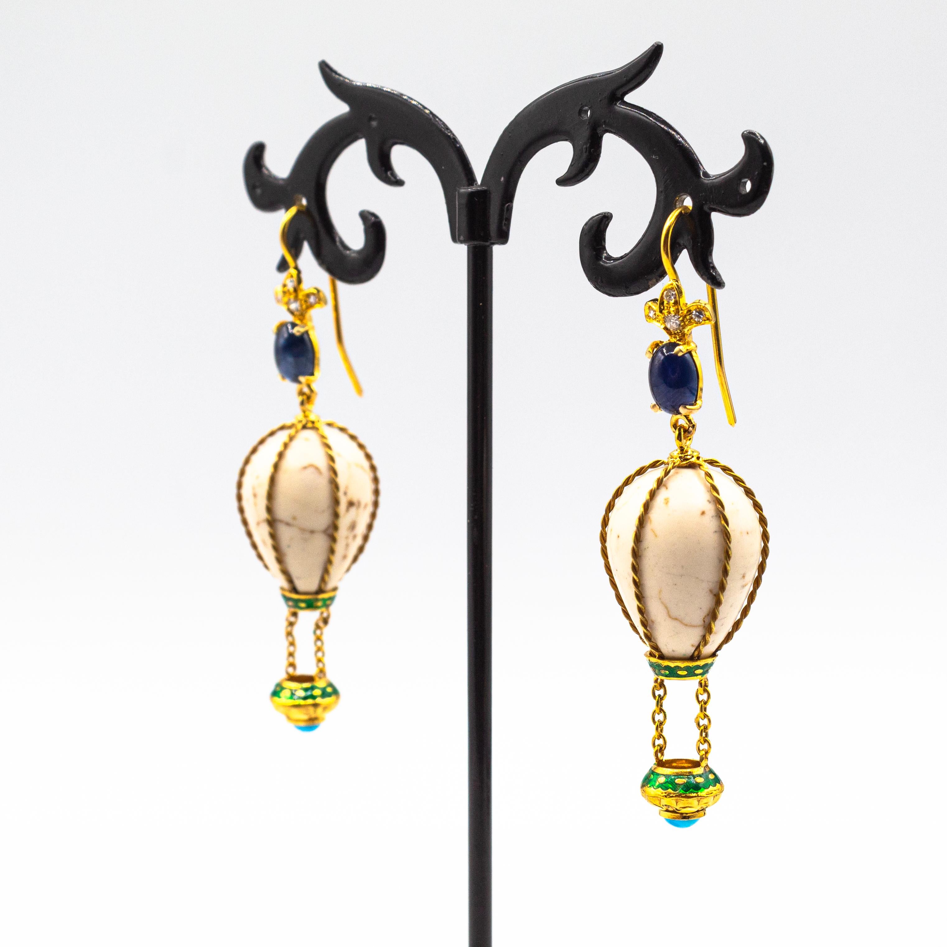 Art Deco Handcrafted Diamond Turquoise Blue Sapphire Yellow Gold Hot-Air Balloon Earrings For Sale