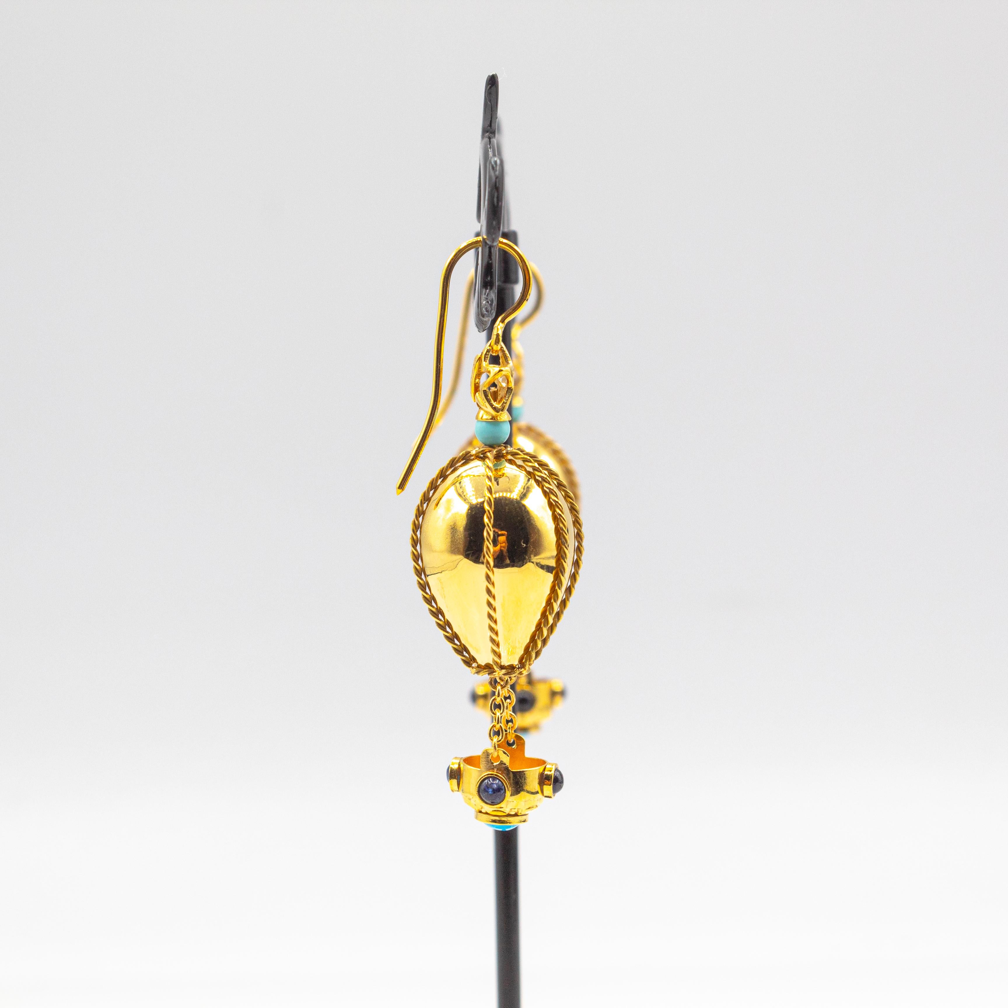 Cabochon Handcrafted Diamond Turquoise Blue Sapphire Yellow Gold Hot-Air Balloon Earrings For Sale
