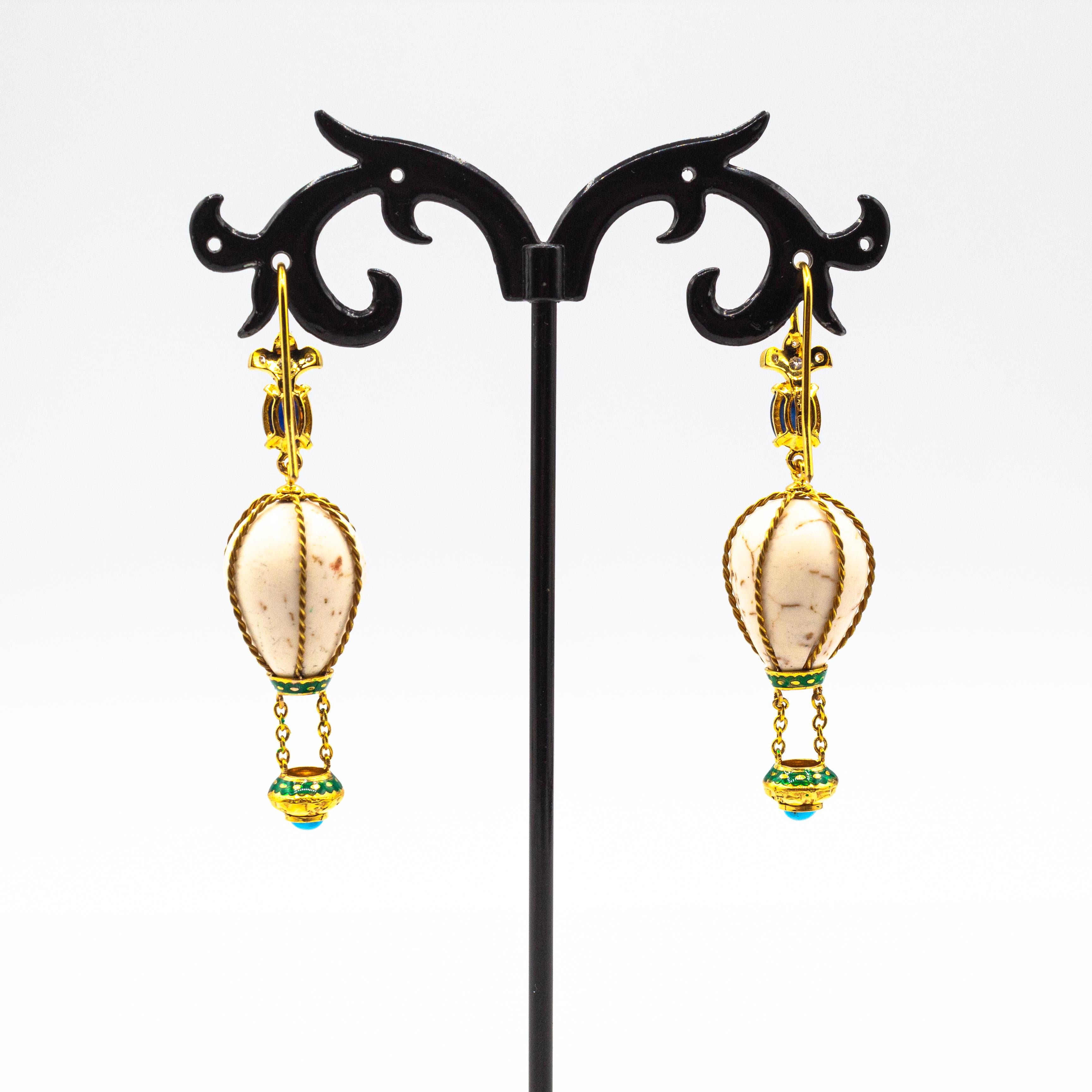 Cabochon Handcrafted Diamond Turquoise Blue Sapphire Yellow Gold Hot-Air Balloon Earrings For Sale