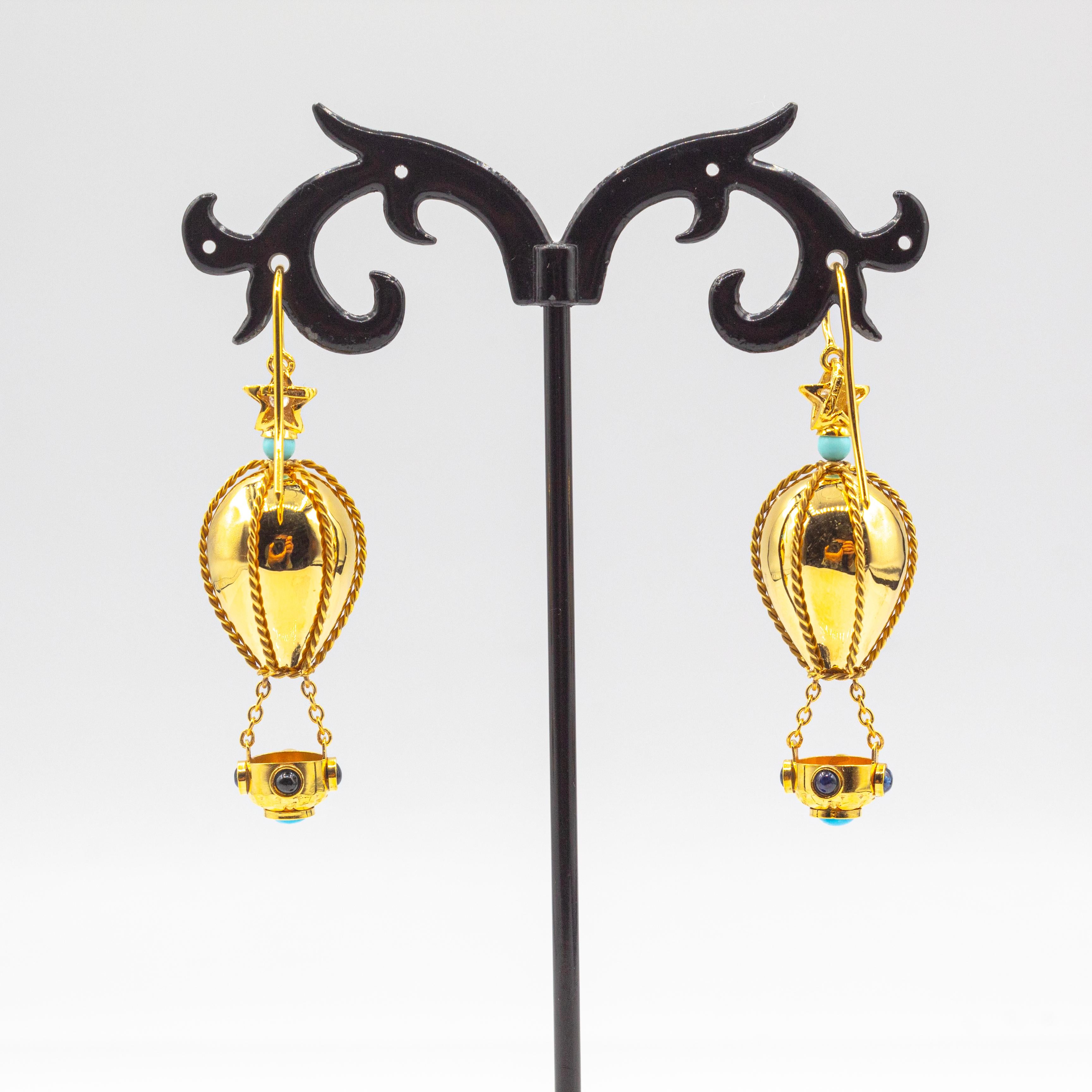 Handcrafted Diamond Turquoise Blue Sapphire Yellow Gold Hot-Air Balloon Earrings In New Condition For Sale In Naples, IT