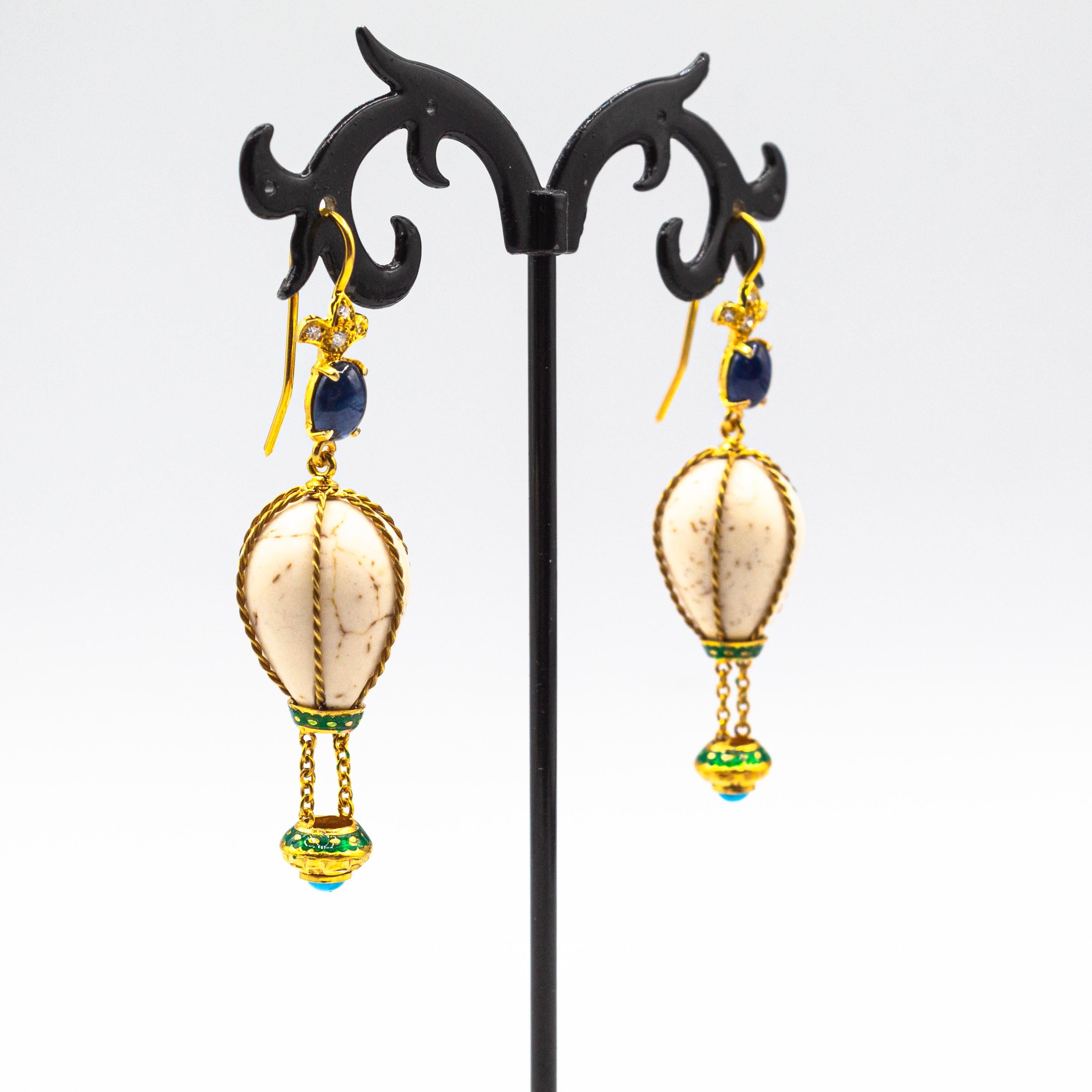 Handcrafted Diamond Turquoise Blue Sapphire Yellow Gold Hot-Air Balloon Earrings In New Condition For Sale In Naples, IT