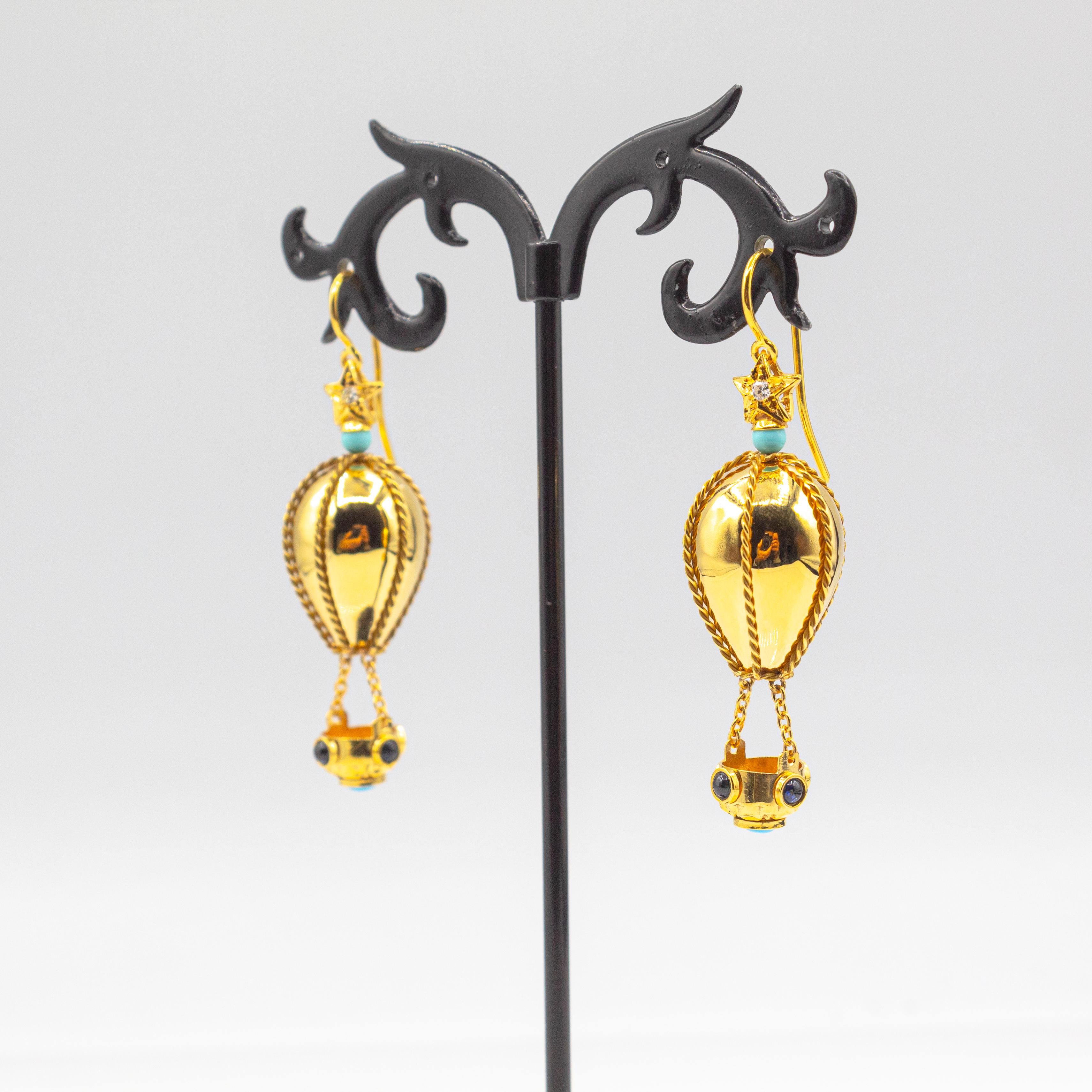 Women's or Men's Handcrafted Diamond Turquoise Blue Sapphire Yellow Gold Hot-Air Balloon Earrings For Sale