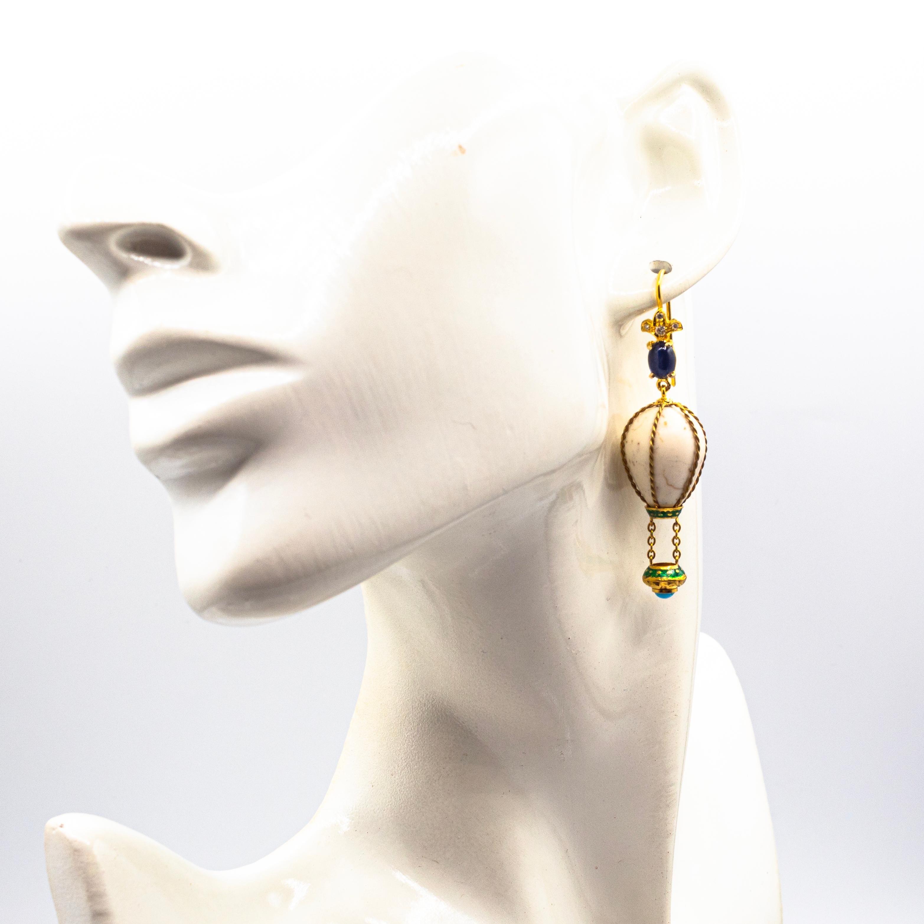 Women's or Men's Handcrafted Diamond Turquoise Blue Sapphire Yellow Gold Hot-Air Balloon Earrings For Sale