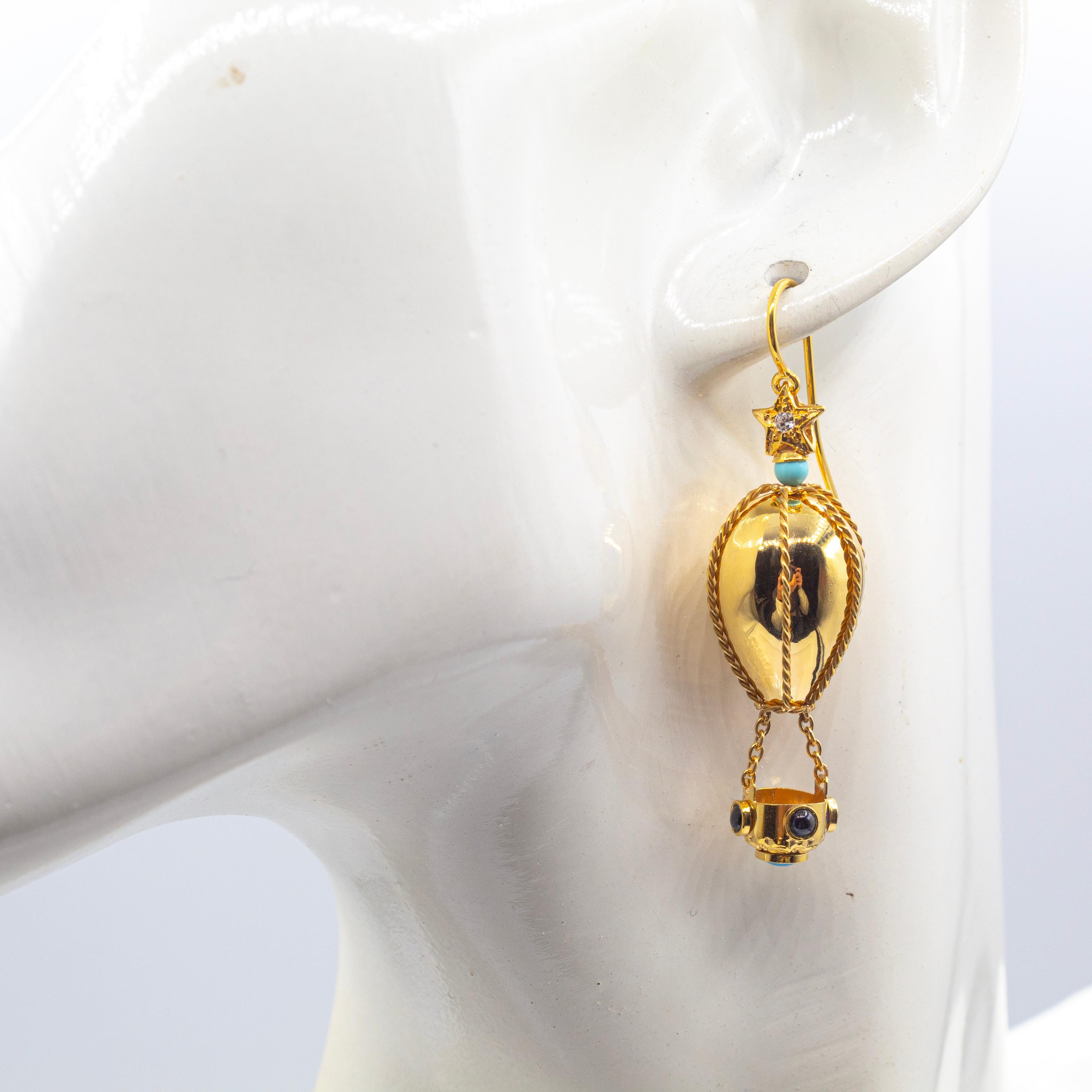 Handcrafted Diamond Turquoise Blue Sapphire Yellow Gold Hot-Air Balloon Earrings For Sale 1
