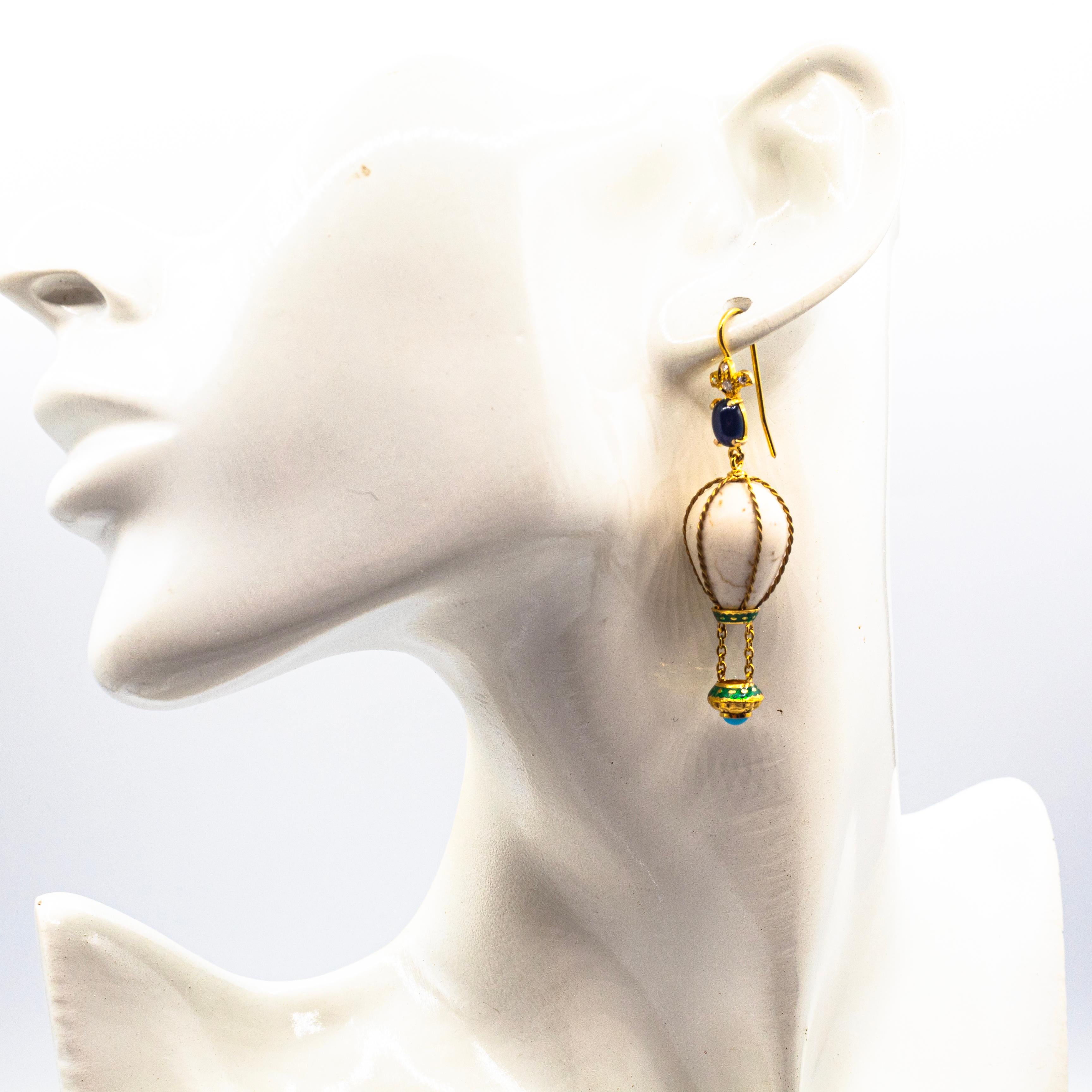 Handcrafted Diamond Turquoise Blue Sapphire Yellow Gold Hot-Air Balloon Earrings For Sale 1
