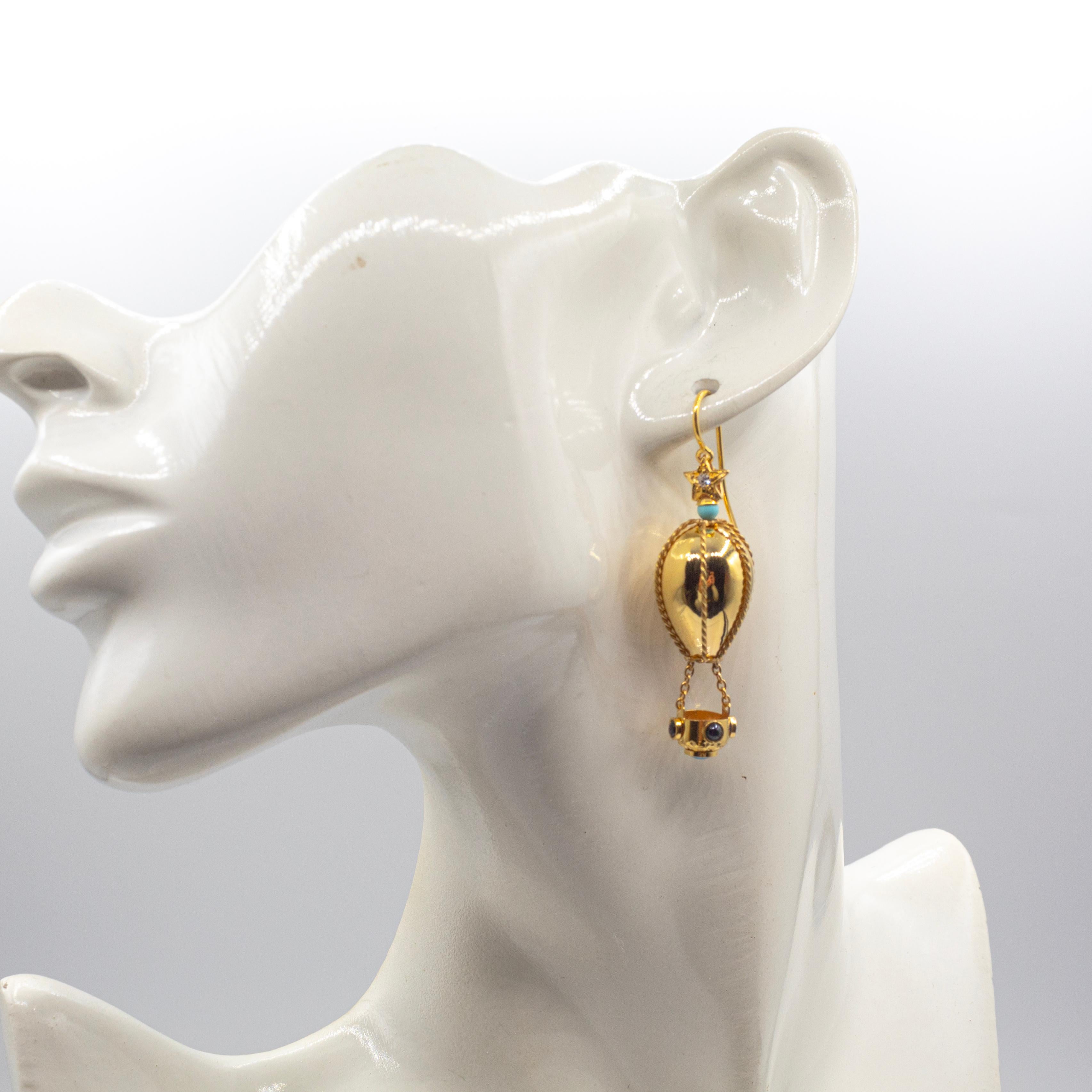 Handcrafted Diamond Turquoise Blue Sapphire Yellow Gold Hot-Air Balloon Earrings For Sale 2