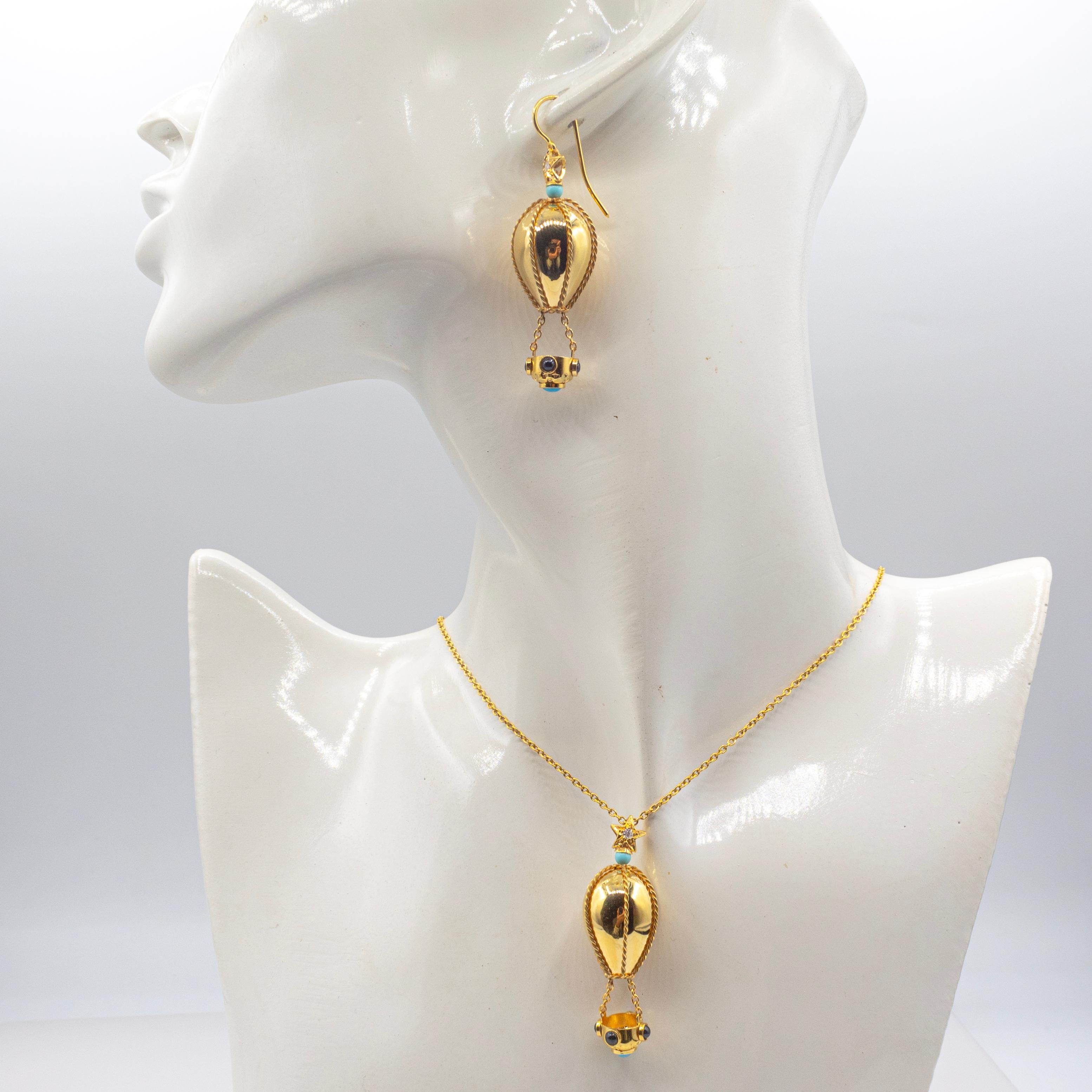 Handcrafted Diamond Turquoise Blue Sapphire Yellow Gold Hot-Air Balloon Earrings For Sale 3