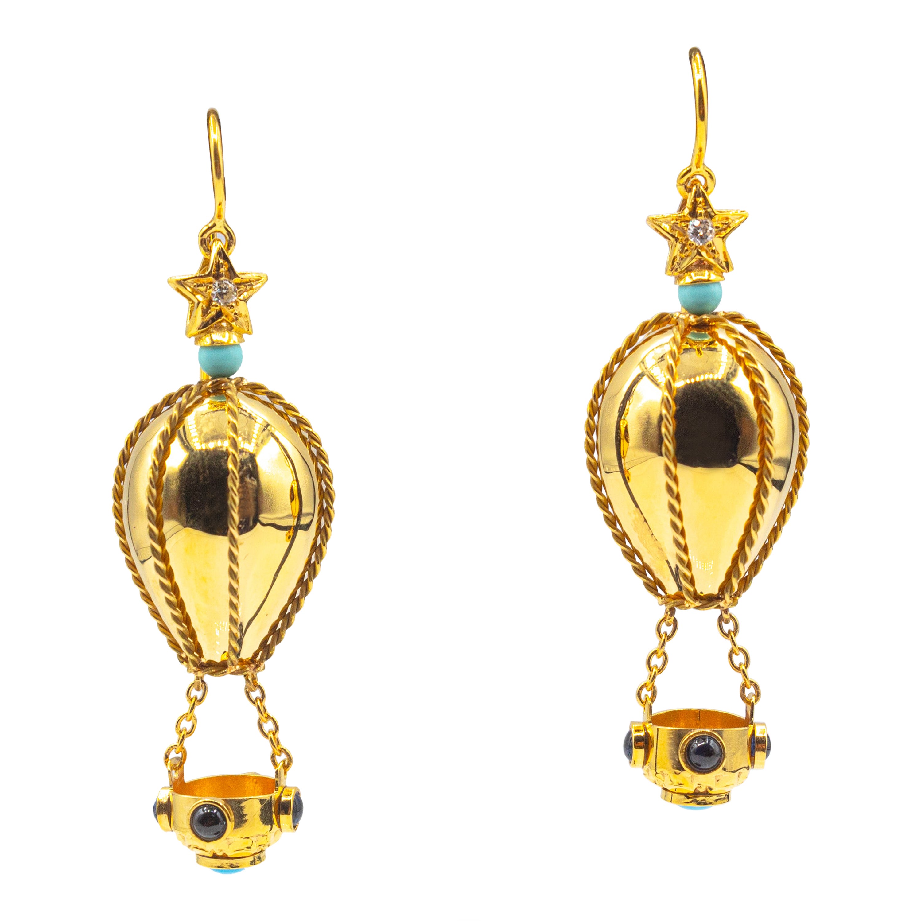 Boucles d'oreilles montgolfière en or jaune diamant turquoise saphir bleu, réalisées à la main