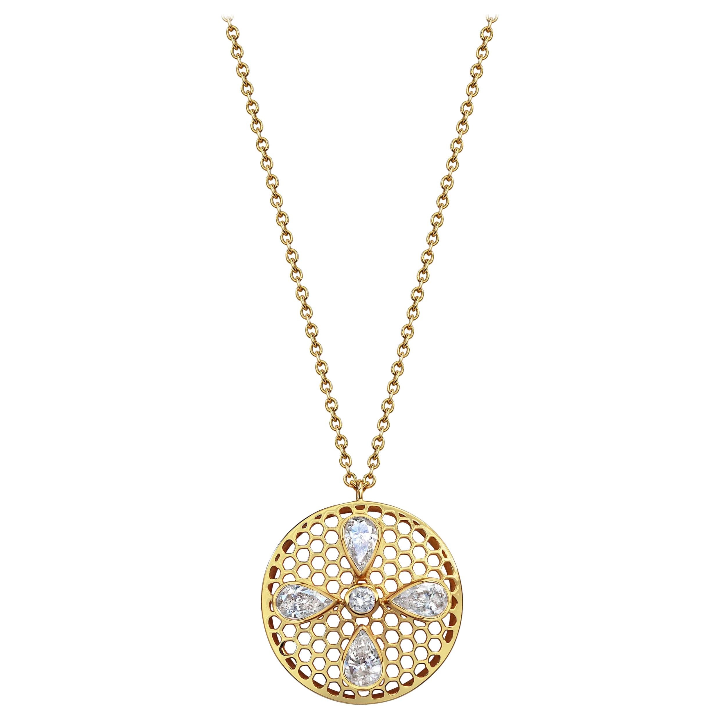 Handcrafted Diamonds and 18 Karat Yellow Gold Pendant Necklace For Sale