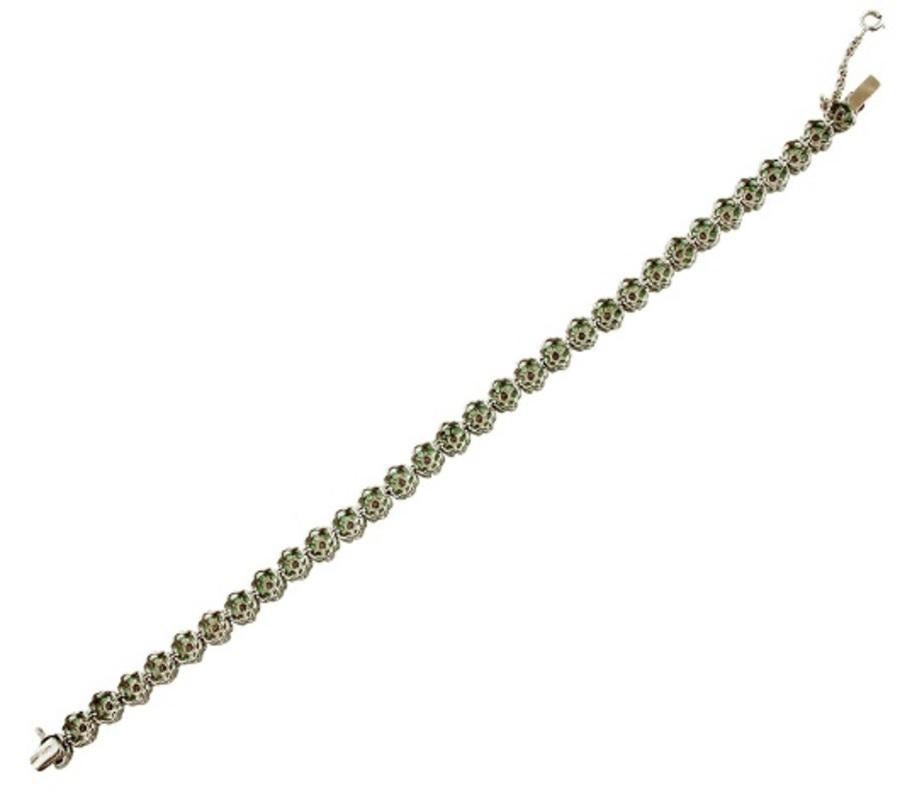Brilliant Cut Handcrafted Diamonds and Tsavorite, White Gold Link Bracelet For Sale